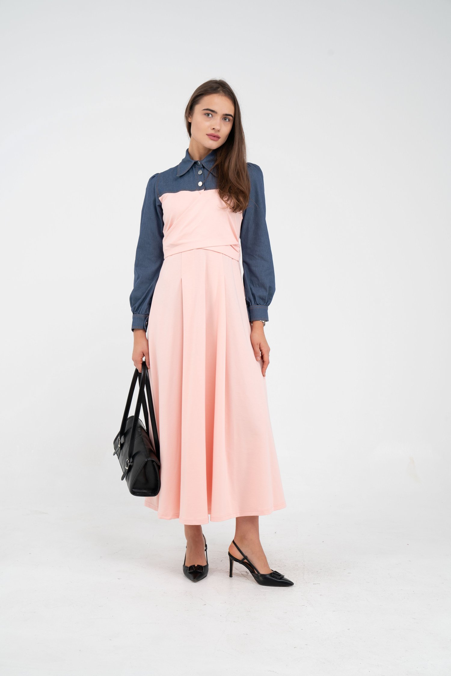 Denim Detaylı Uzun Elbise K1721