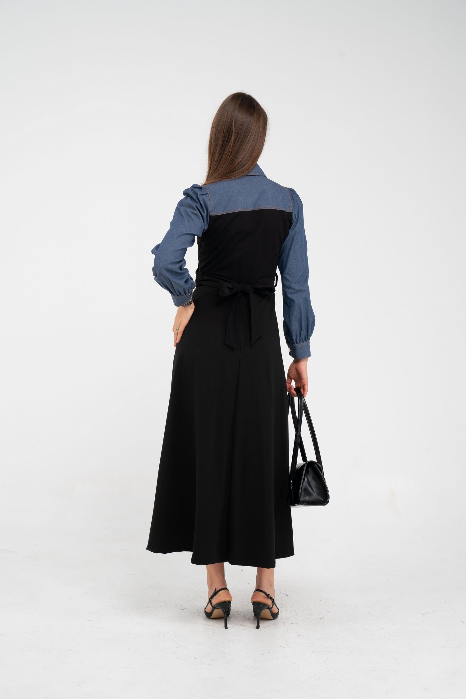 Denim Detaylı Uzun Elbise K1721