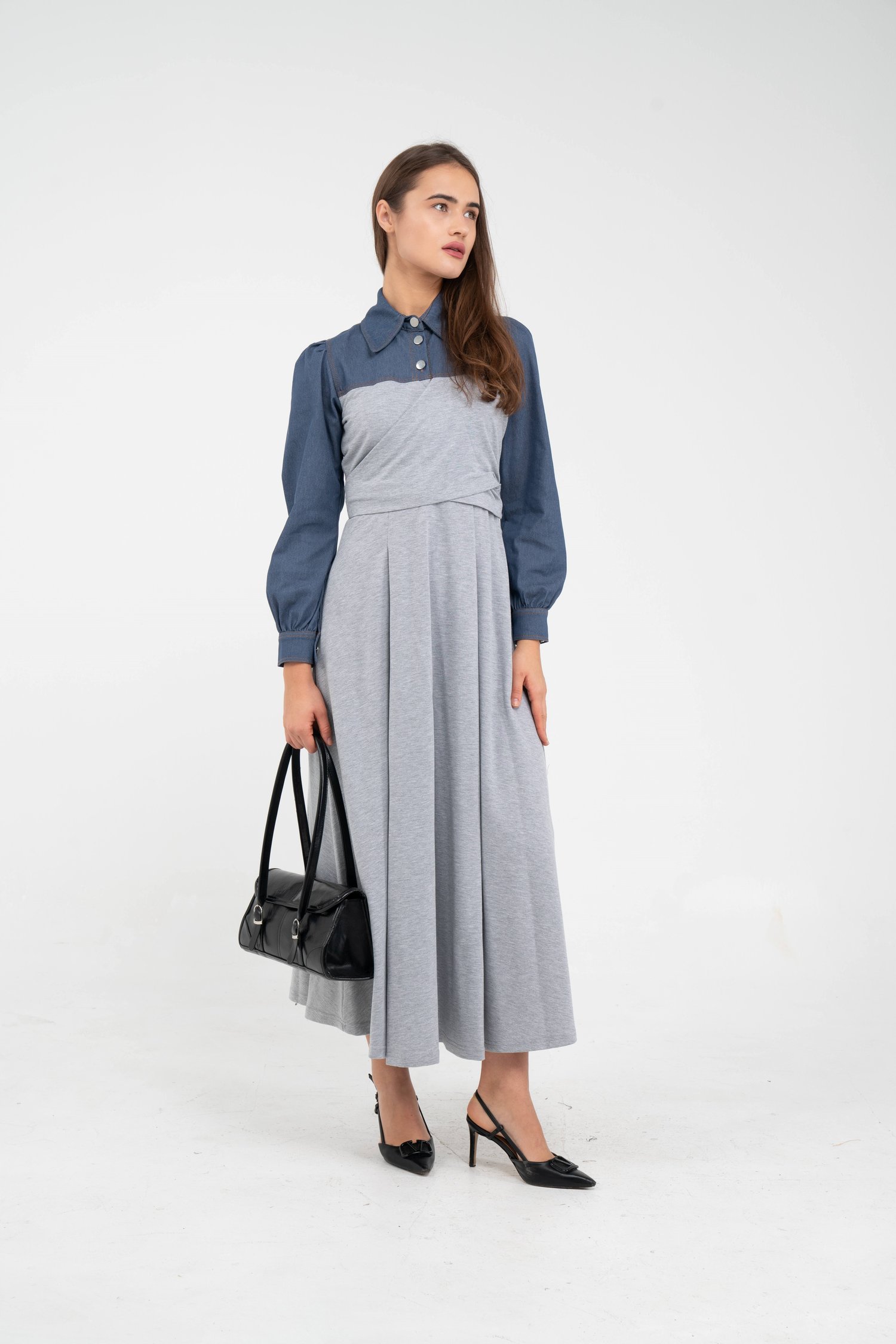 Denim Detaylı Uzun Elbise K1721