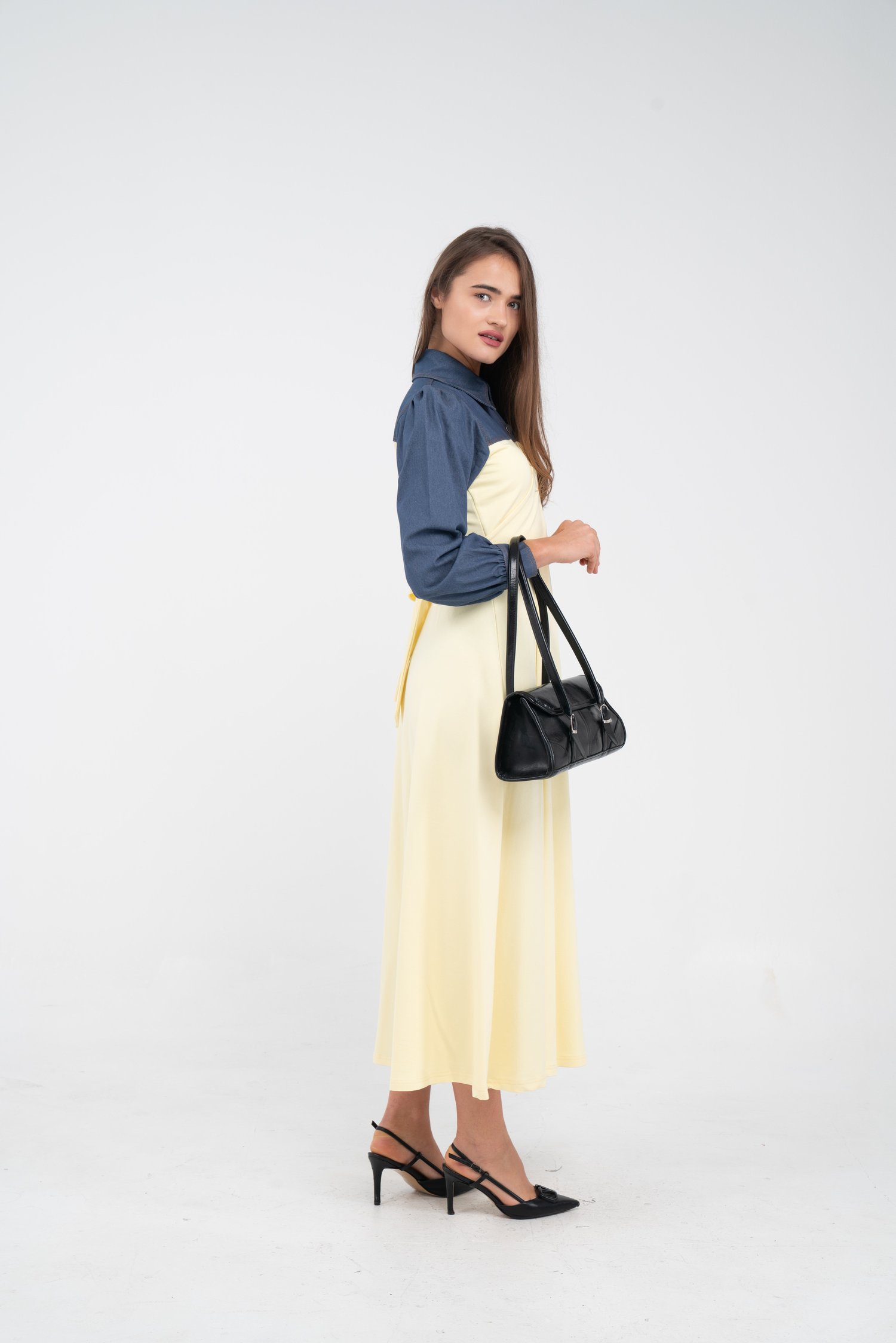 Denim Detaylı Uzun Elbise K1721