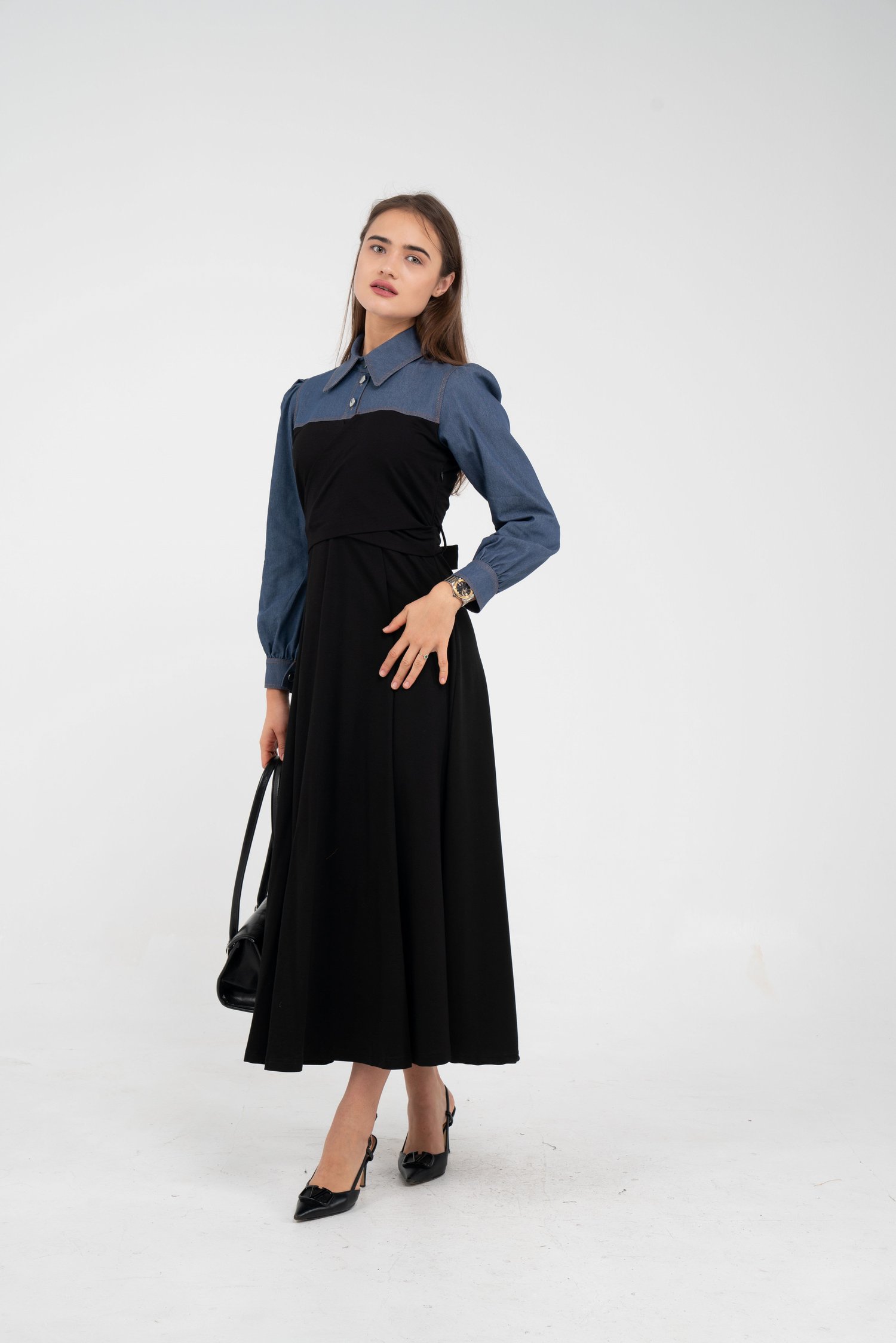 Denim Detaylı Uzun Elbise K1721