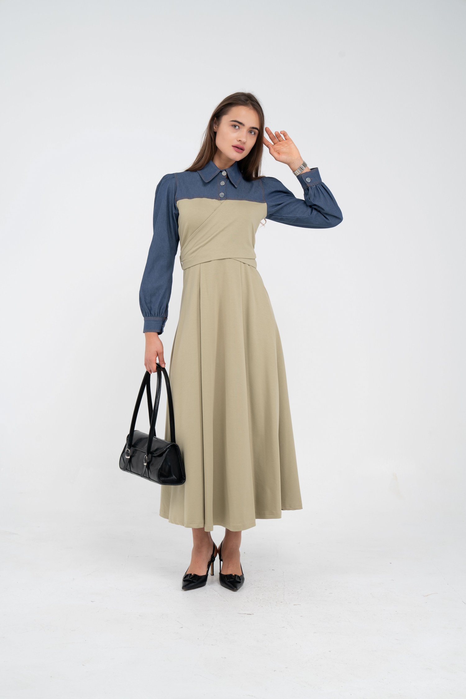Denim Detaylı Uzun Elbise K1721