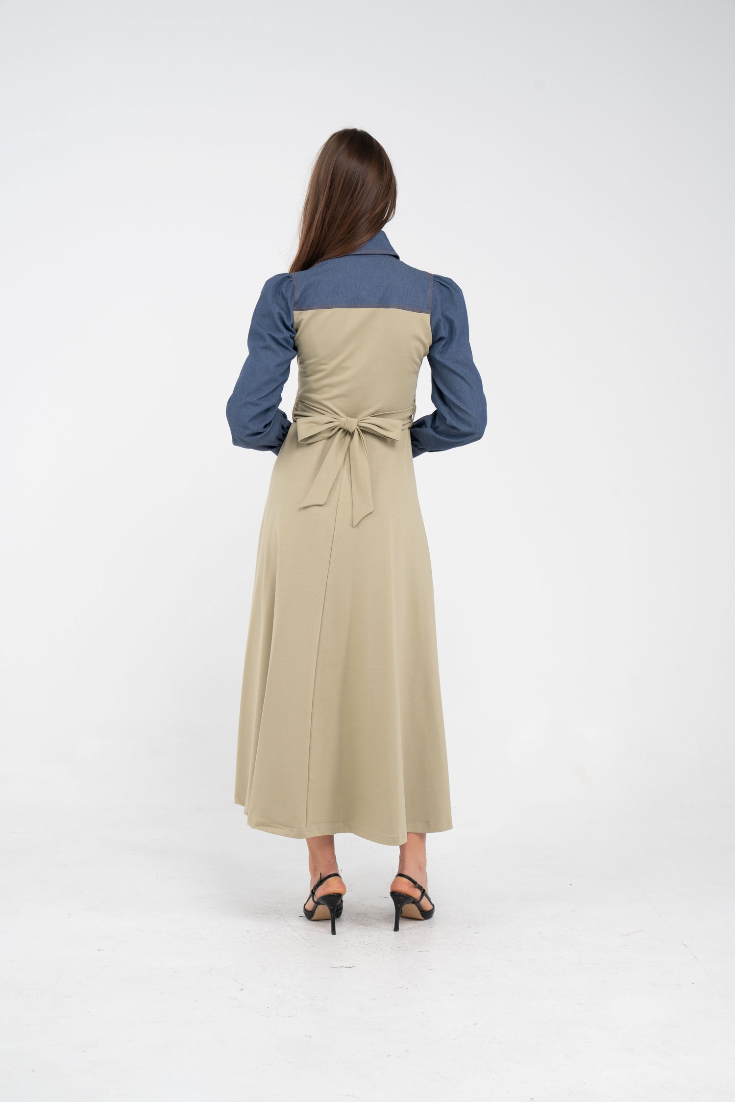 Denim Detaylı Uzun Elbise K1721