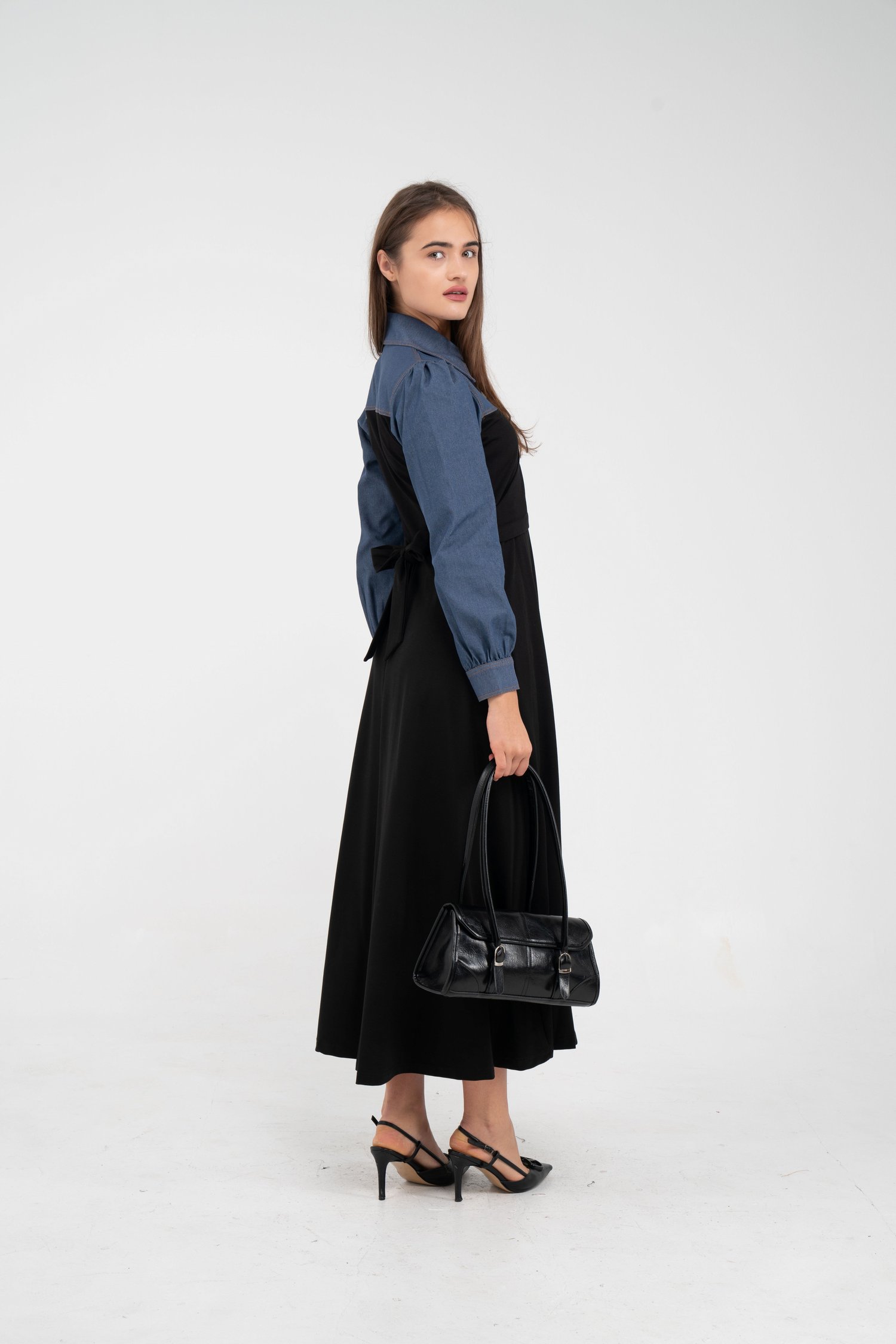 Denim Detaylı Uzun Elbise K1721