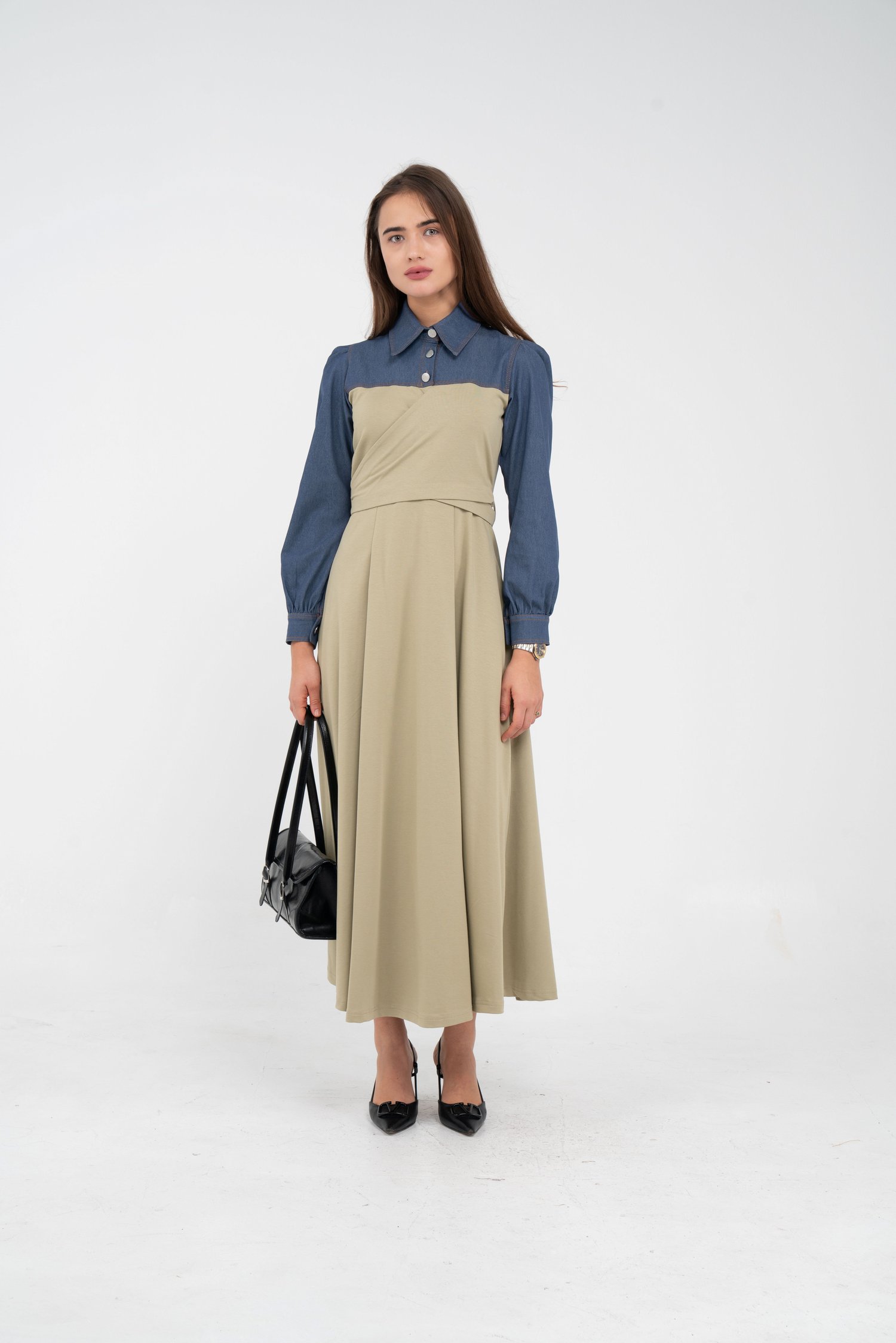 Denim Detaylı Uzun Elbise K1721