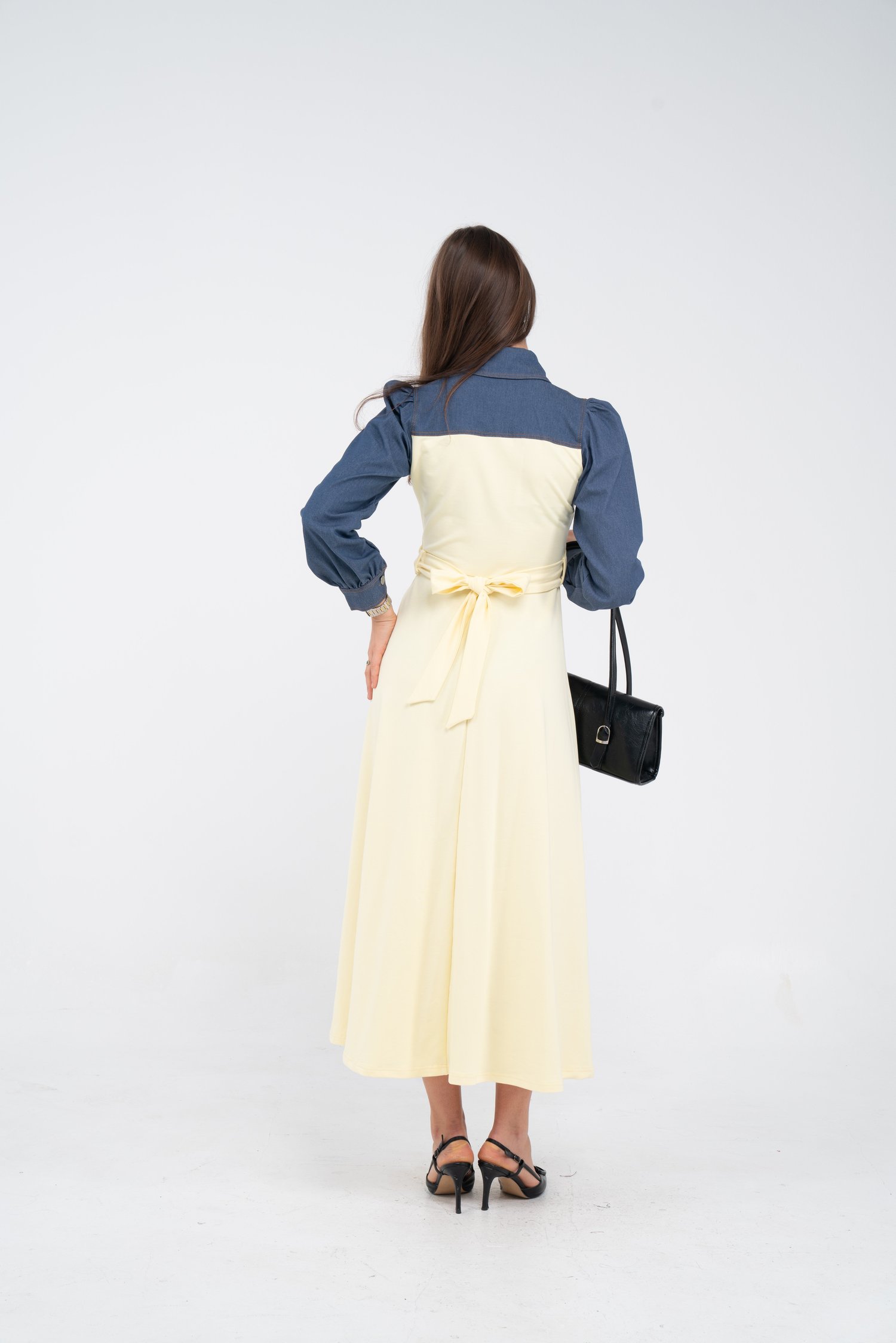 Denim Detaylı Uzun Elbise K1721