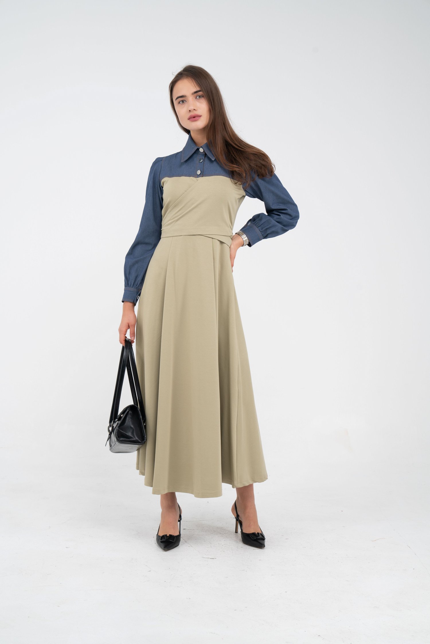 Denim Detaylı Uzun Elbise K1721