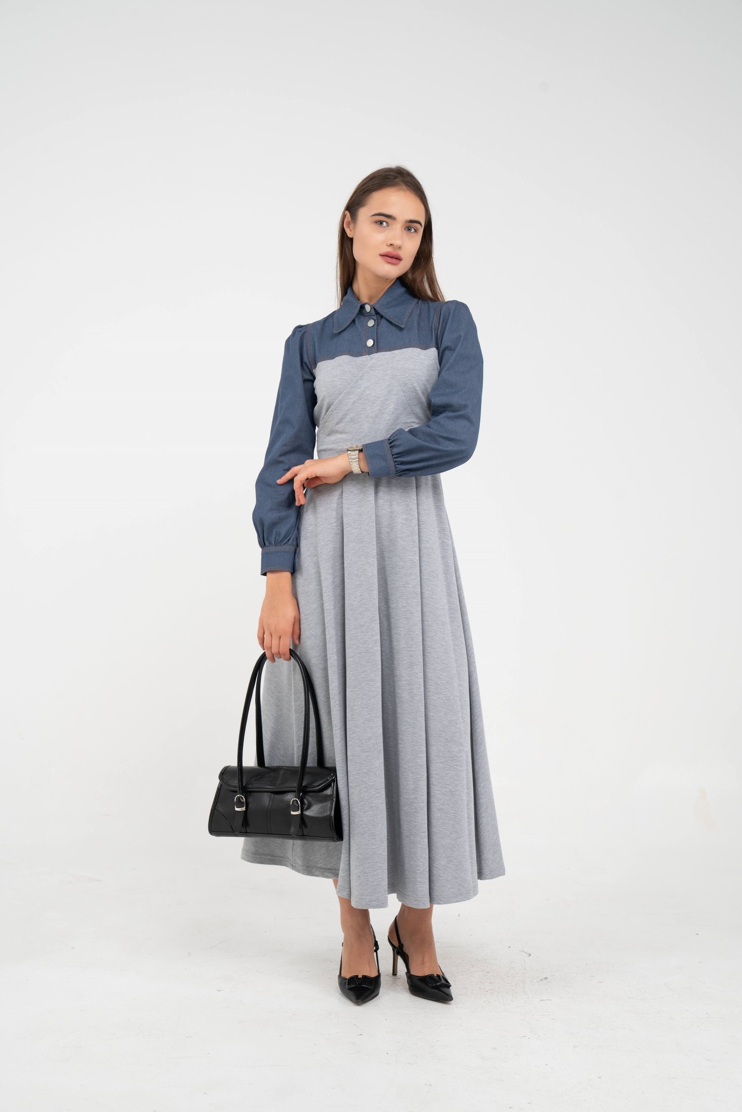 Denim Detaylı Uzun Elbise K1721