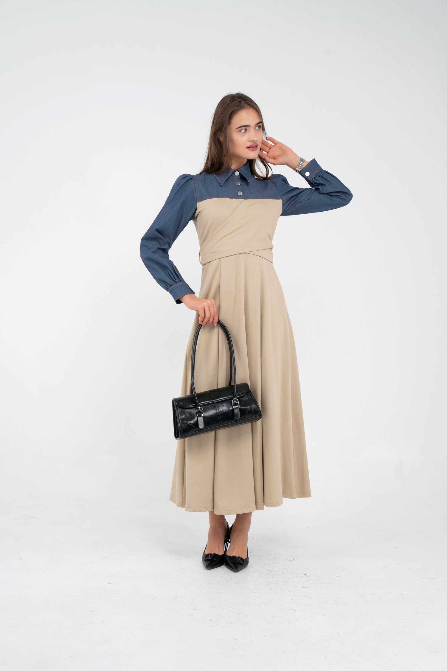 Denim Detaylı Uzun Elbise K1721