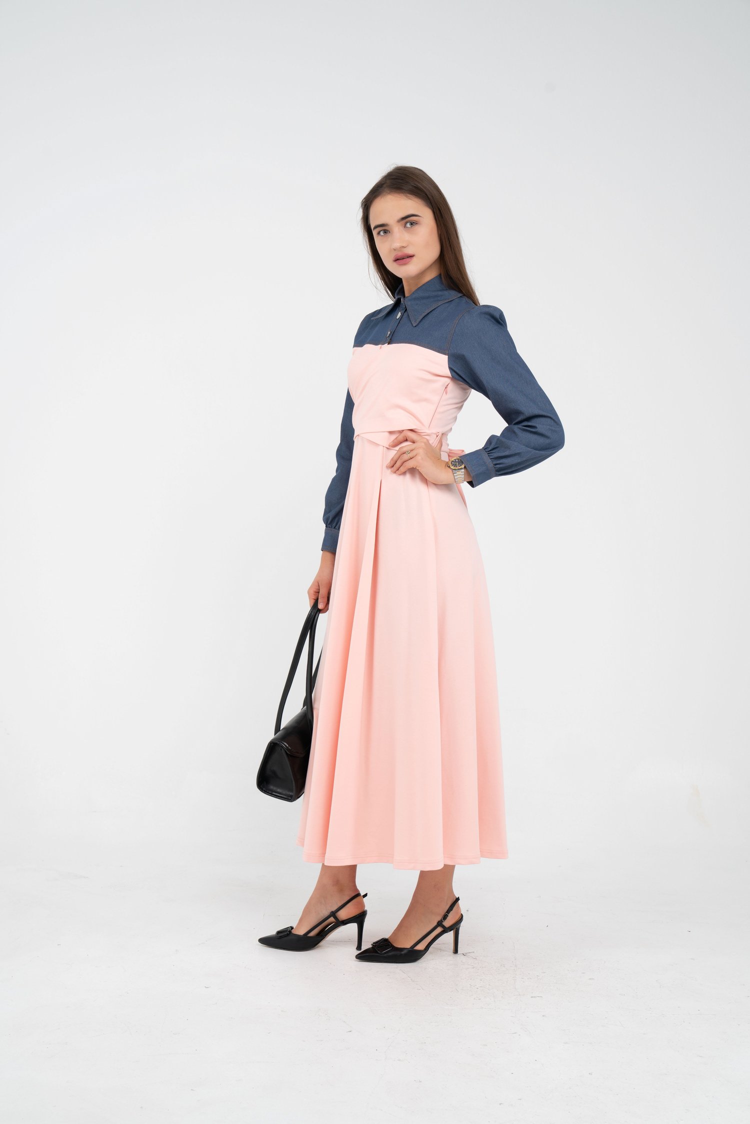 Denim Detaylı Uzun Elbise K1721