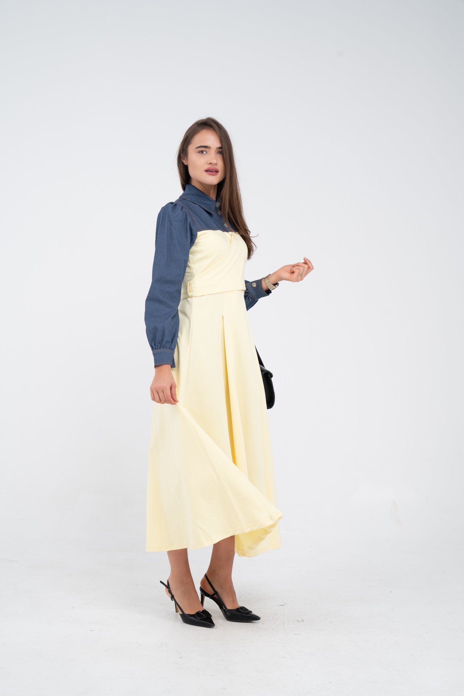 Denim Detaylı Uzun Elbise K1721