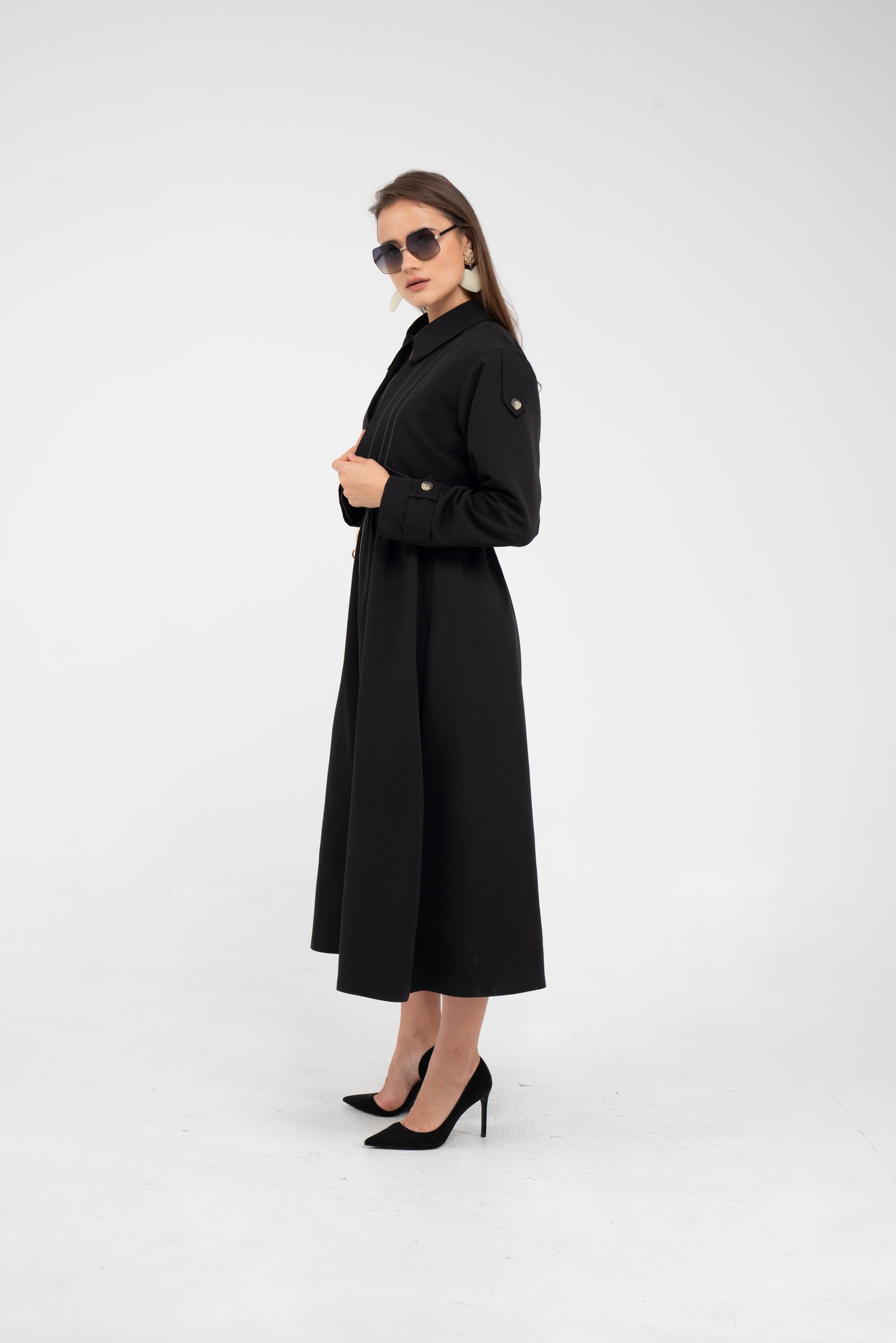 Fermuarlı Tasarım Detaylı Bel Lastikli Midi Kadın Elbise K1728