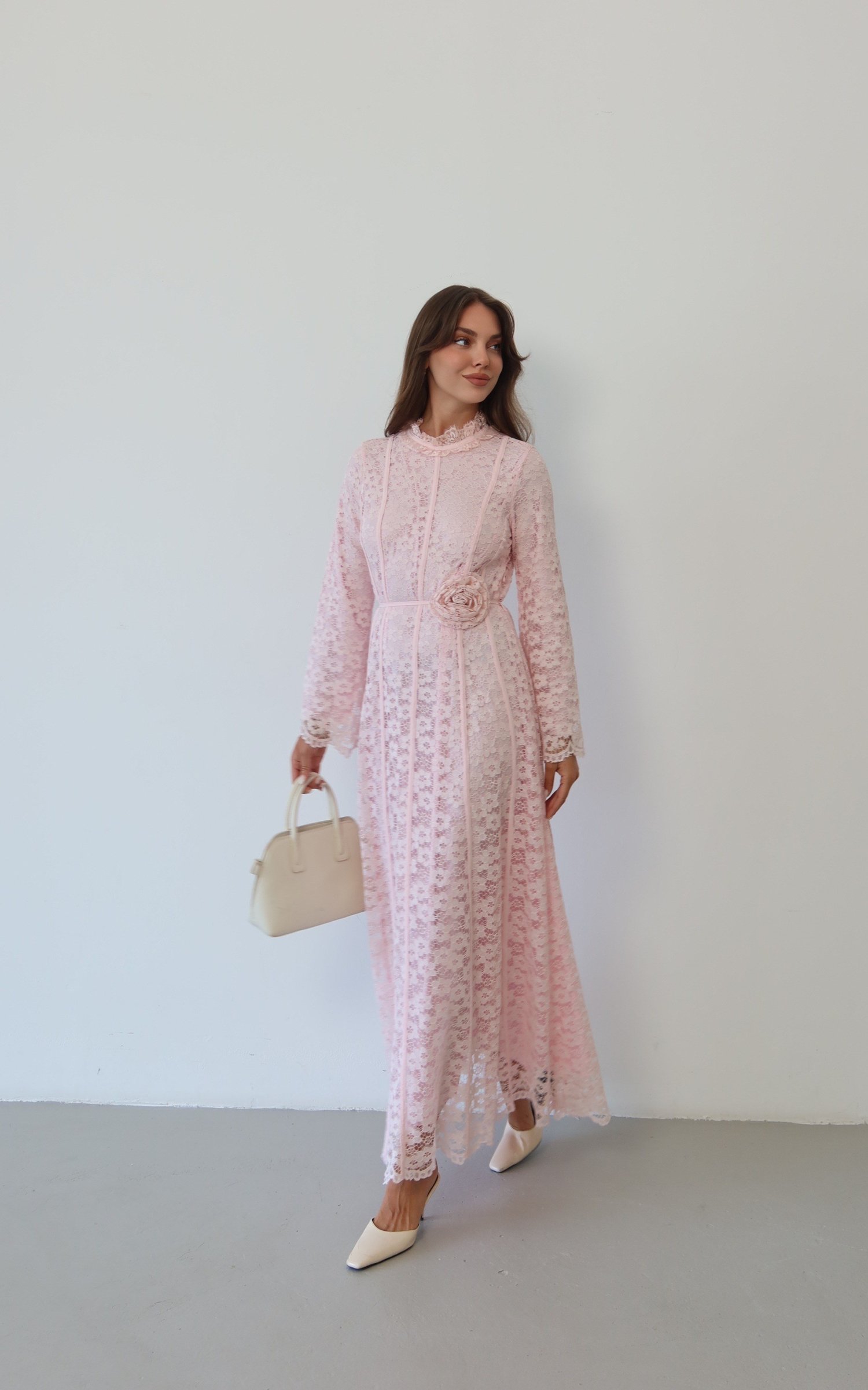 Gül Aplikeli Dantel Uzun Elbise  9064