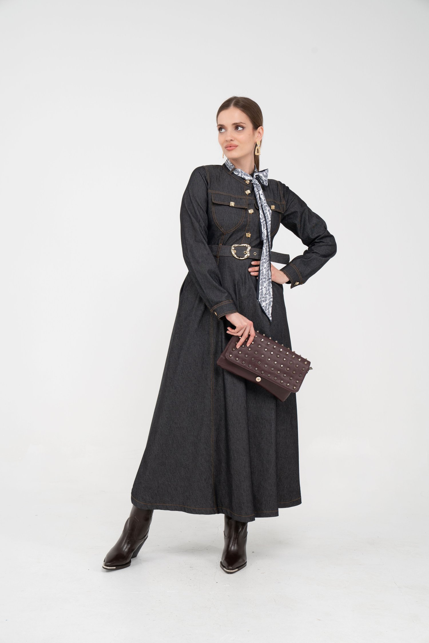 Kuşak Detaylı Denim Elbise K1733