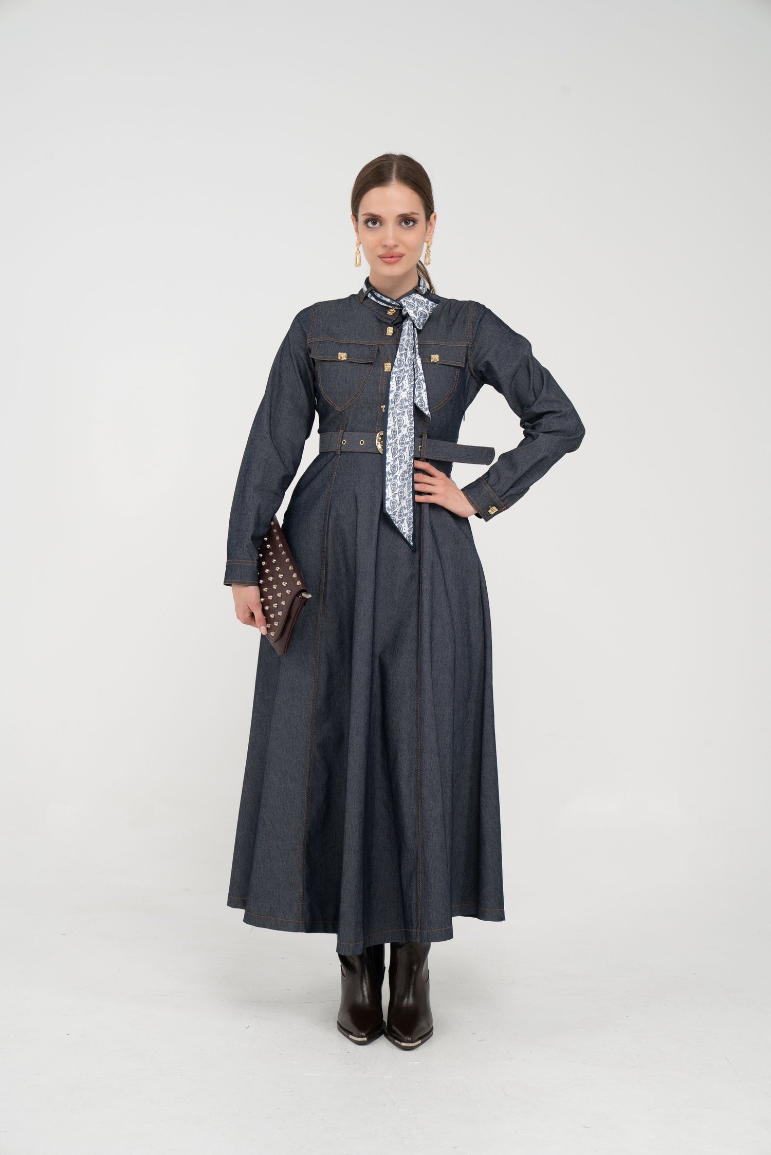 Kuşak Detaylı Denim Elbise K1733