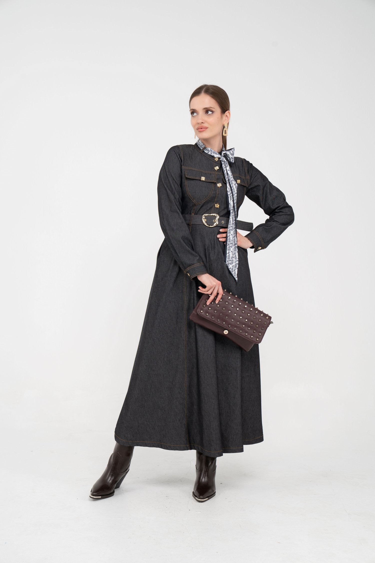 Kuşak Detaylı Denim Elbise K1733