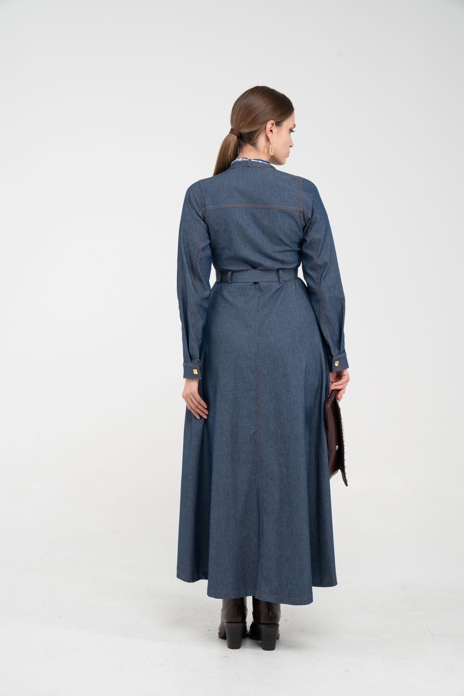 Kuşak Detaylı Denim Elbise K1733