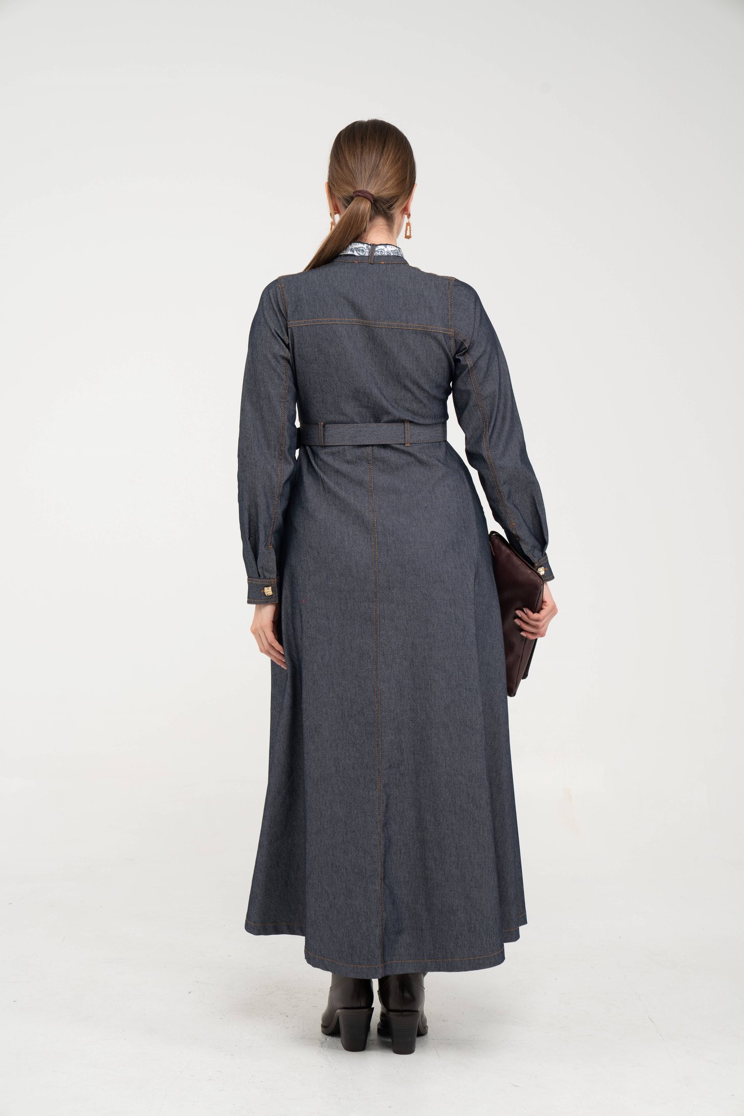 Kuşak Detaylı Denim Elbise K1733