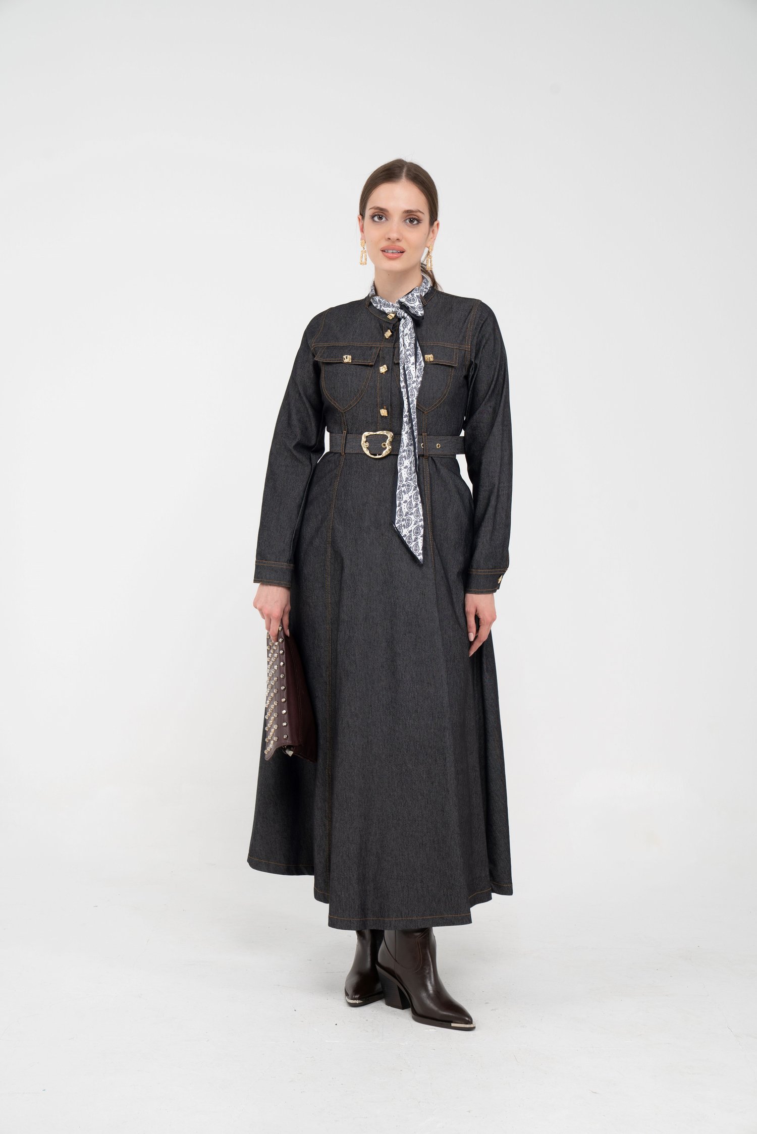 Kuşak Detaylı Denim Elbise K1733