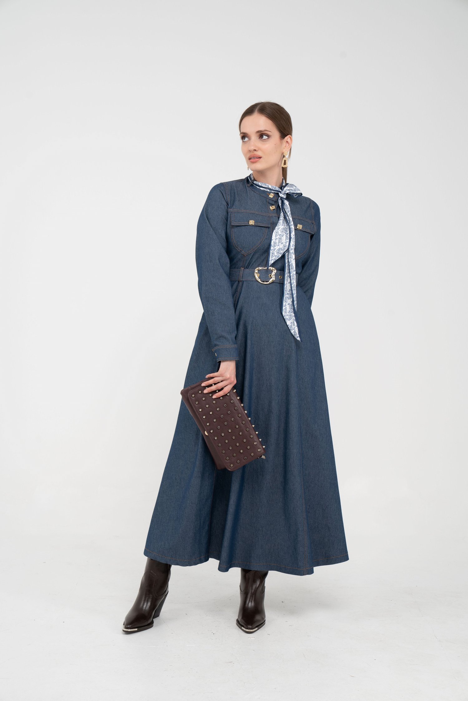 Kuşak Detaylı Denim Elbise K1733