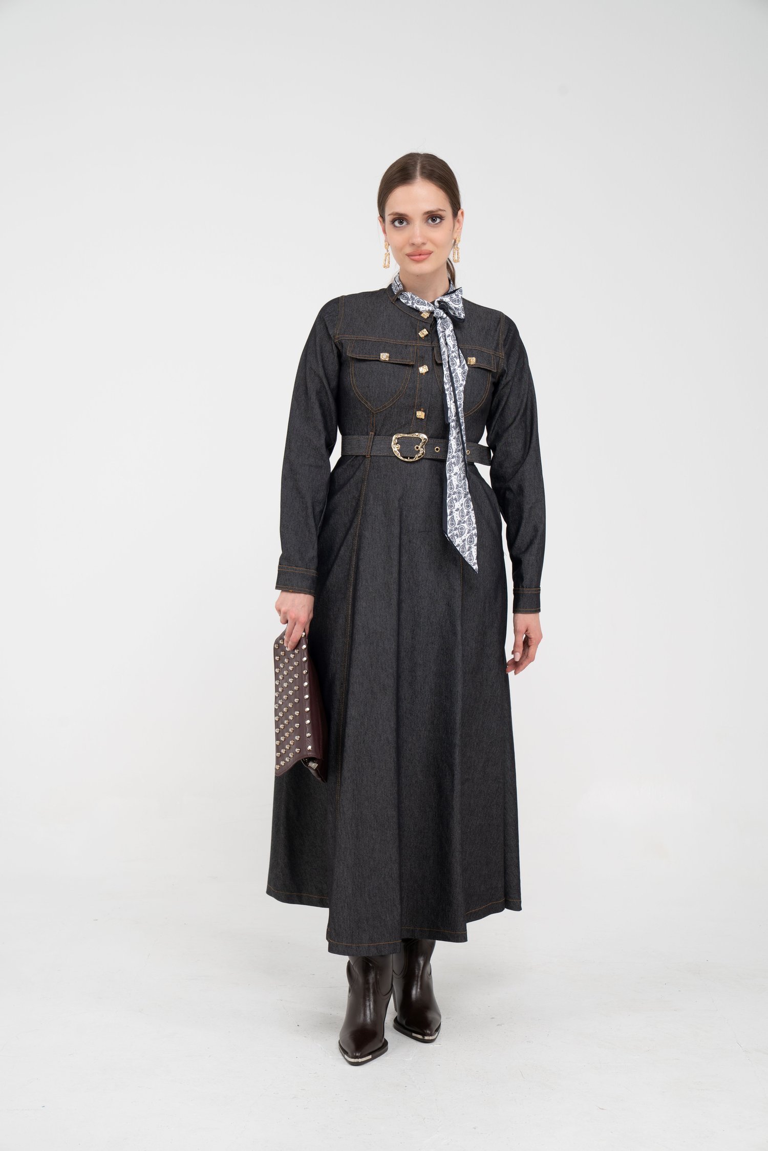 Kuşak Detaylı Denim Elbise K1733