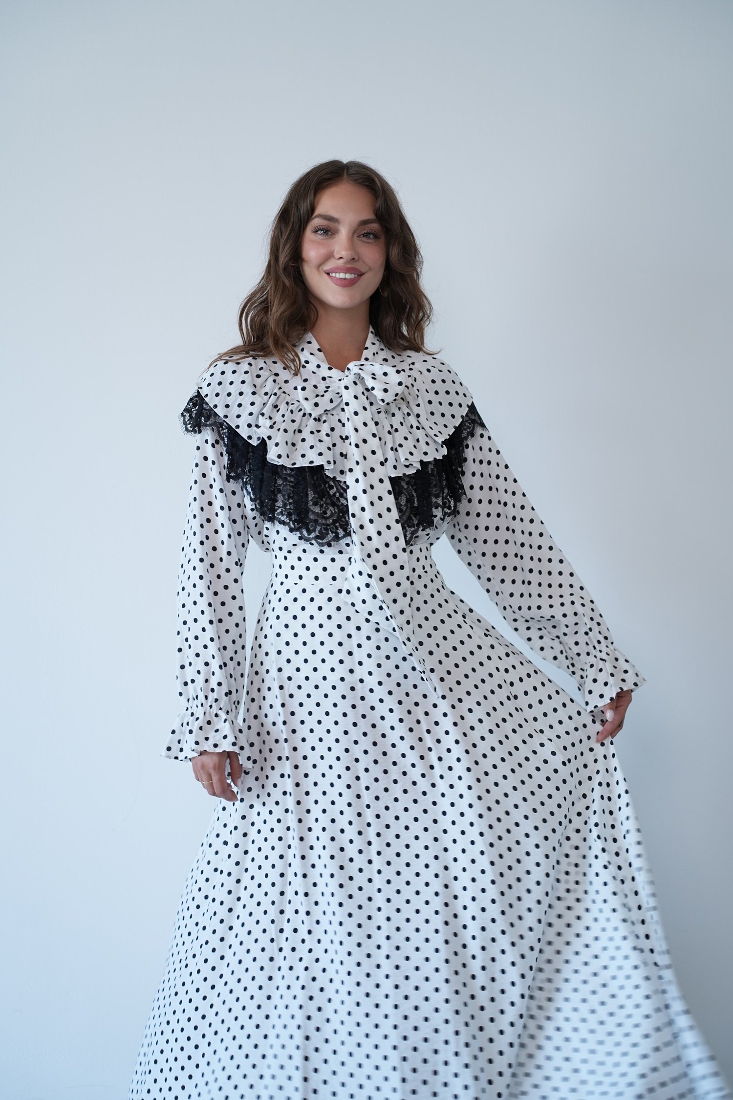 Puantiyeli Fular Yaka Elbise  1848