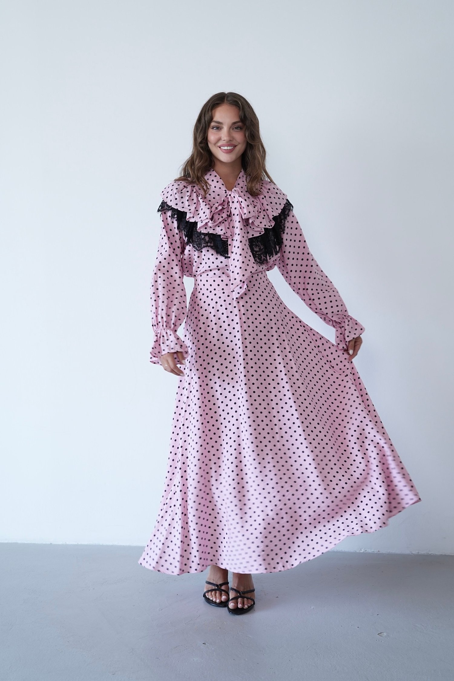 Puantiyeli Fular Yaka Elbise 1848 Pembe