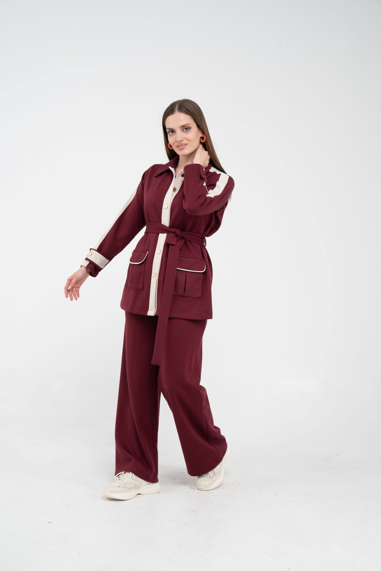 Şerit Detaylı Kuşaklı Geniş Parça Kadın Takım  K1725