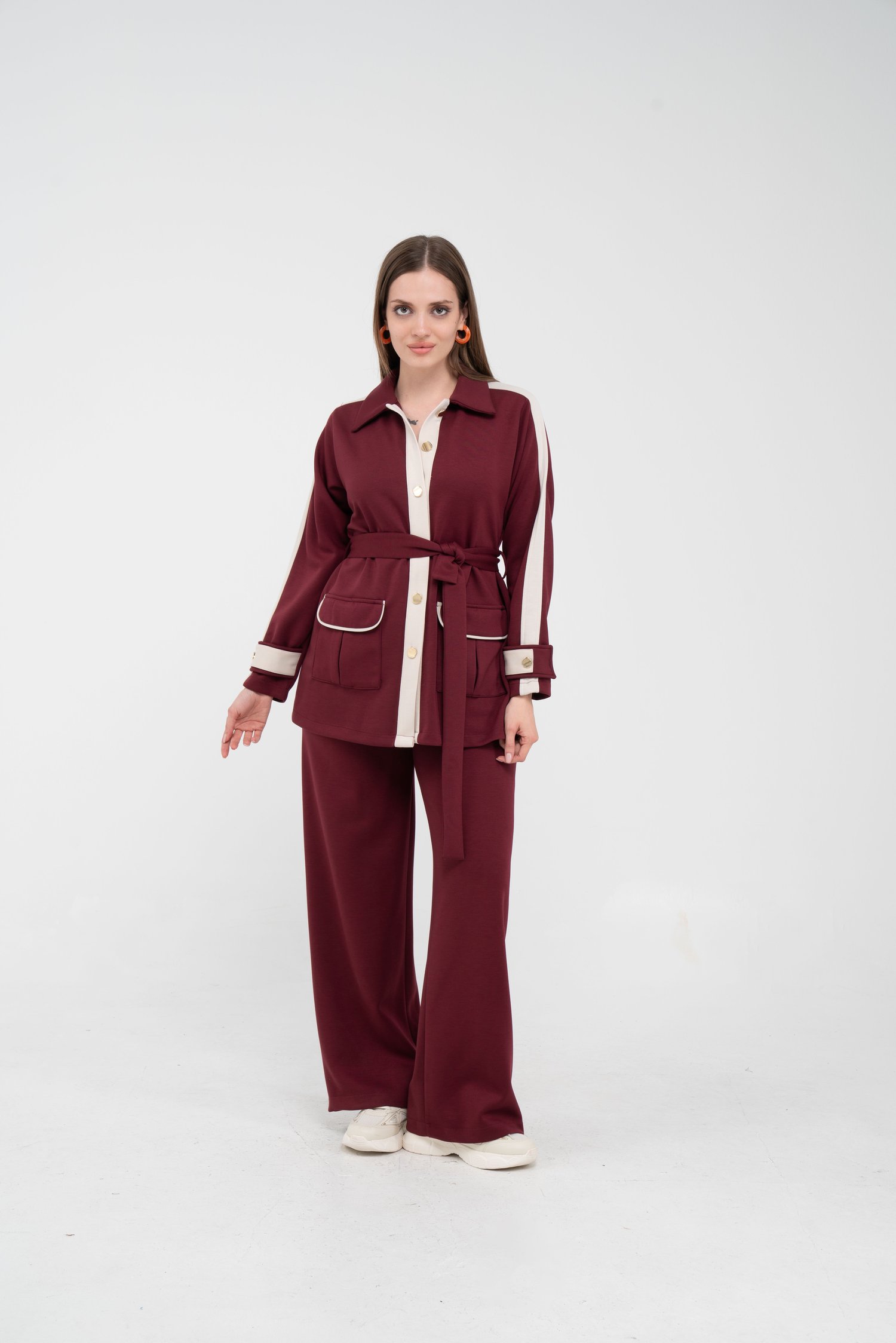 Şerit Detaylı Kuşaklı Geniş Parça Kadın Takım  K1725