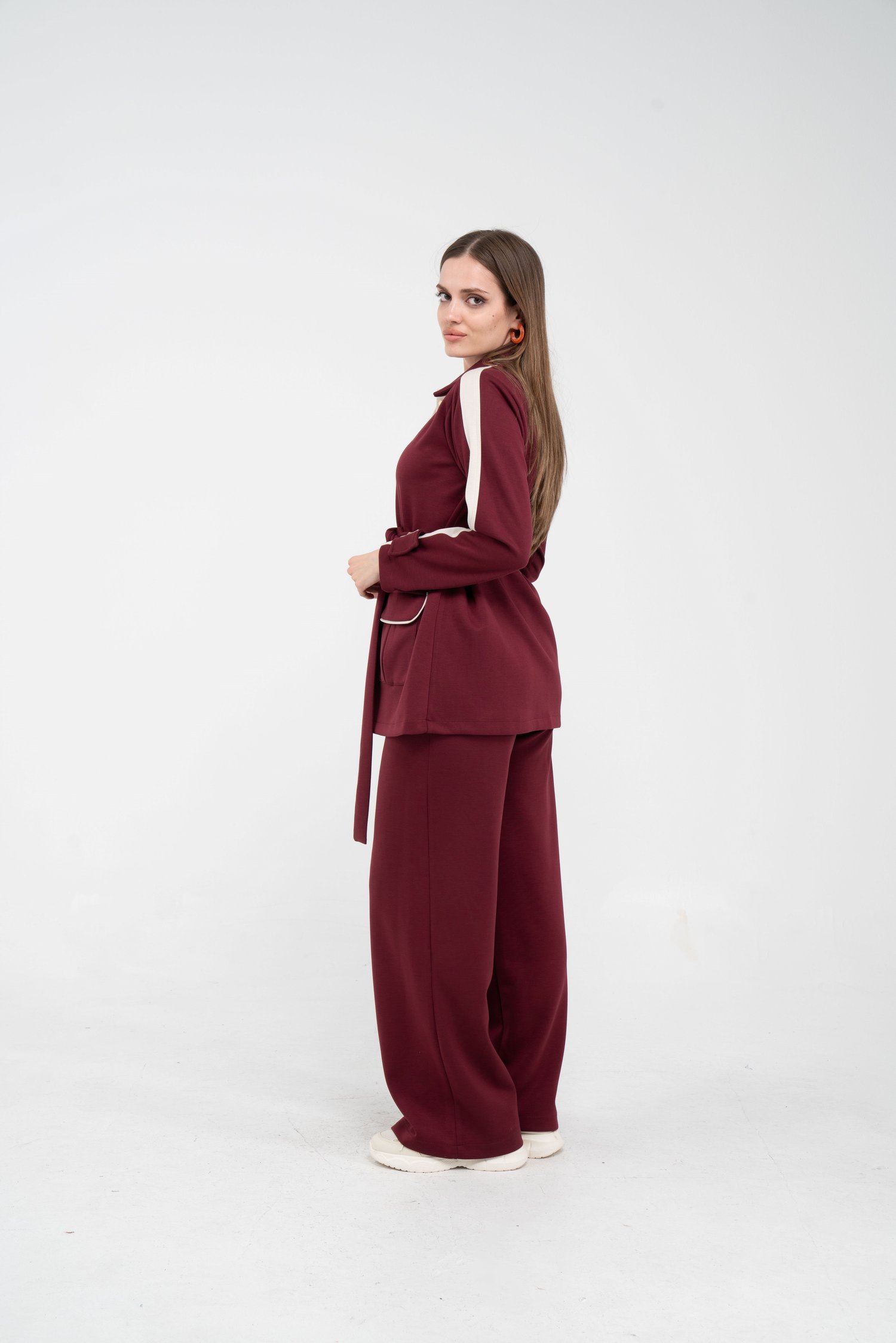 Şerit Detaylı Kuşaklı Geniş Parça Kadın Takım  K1725