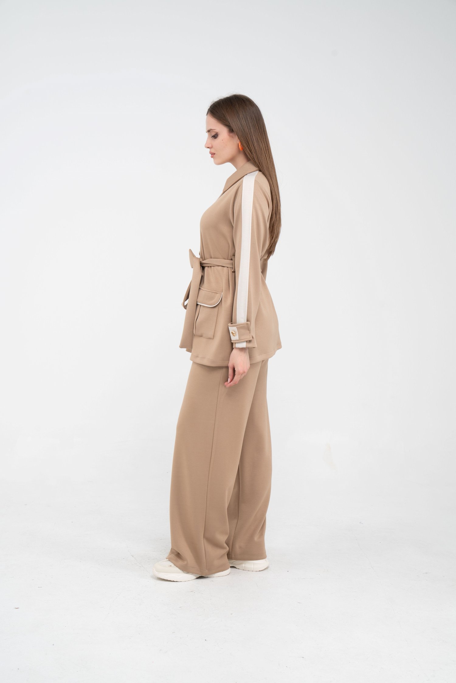 Şerit Detaylı Kuşaklı Geniş Parça Kadın Takım  K1725