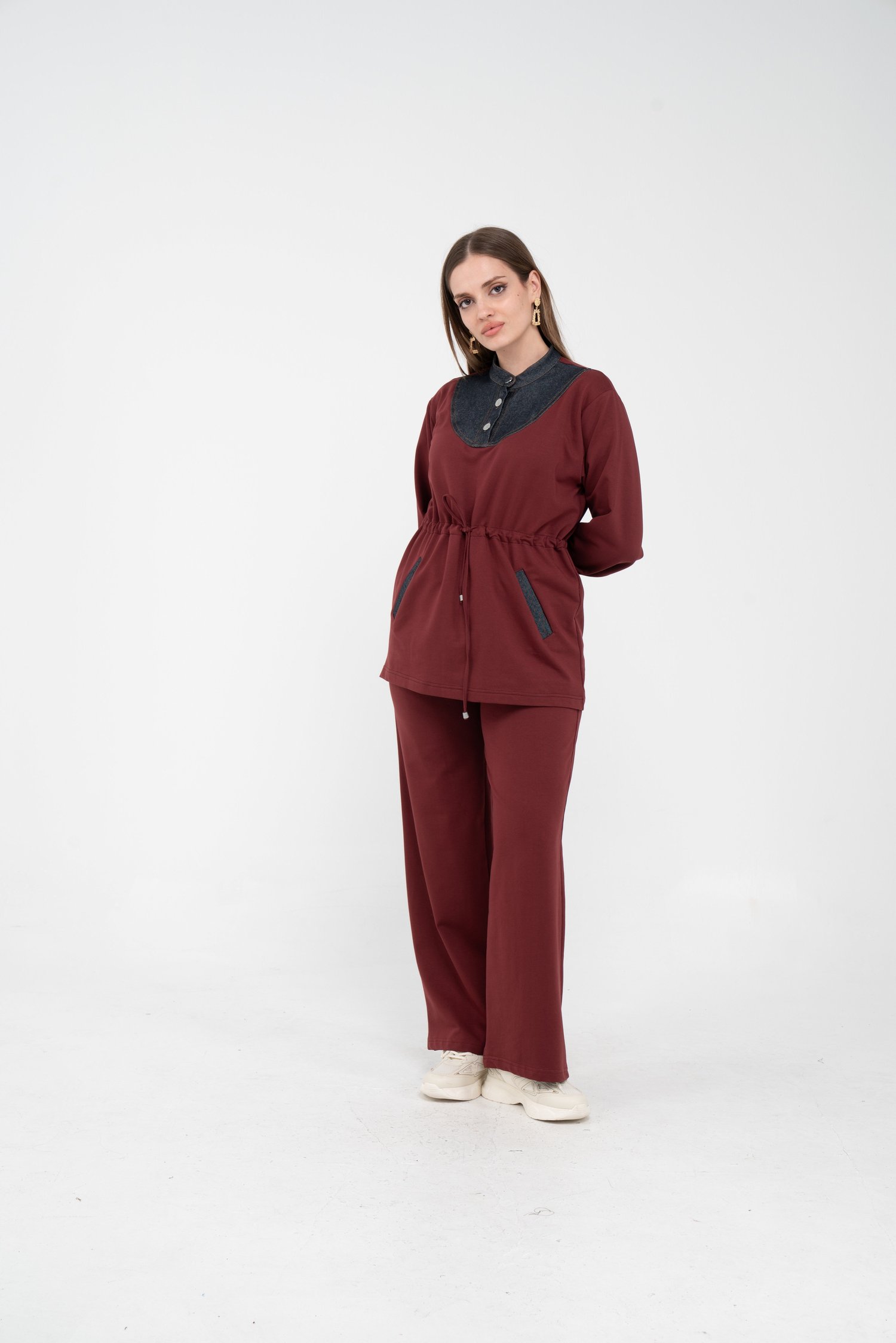 Yaka Detaylı Bel Büzgülü Kadın Takım K1719