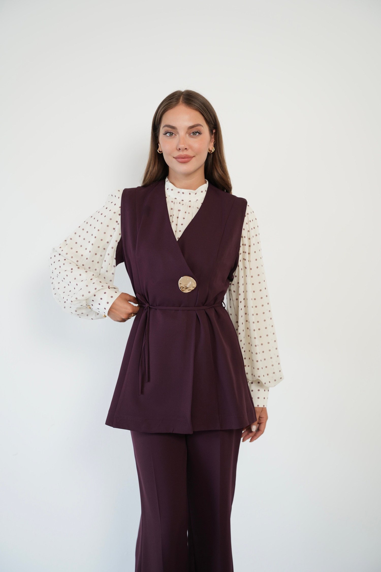 Yelekli Puantiye Bluz Pantolon Kadın Takım  9056