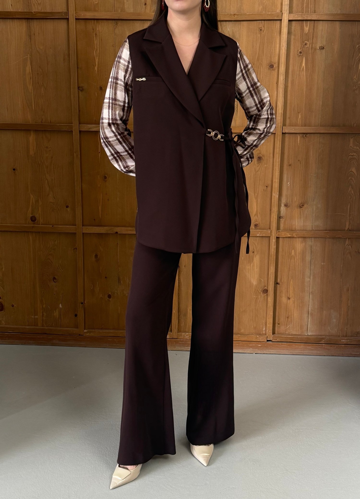 Yelekli Zincir Detaylı Kadın Takım  9043