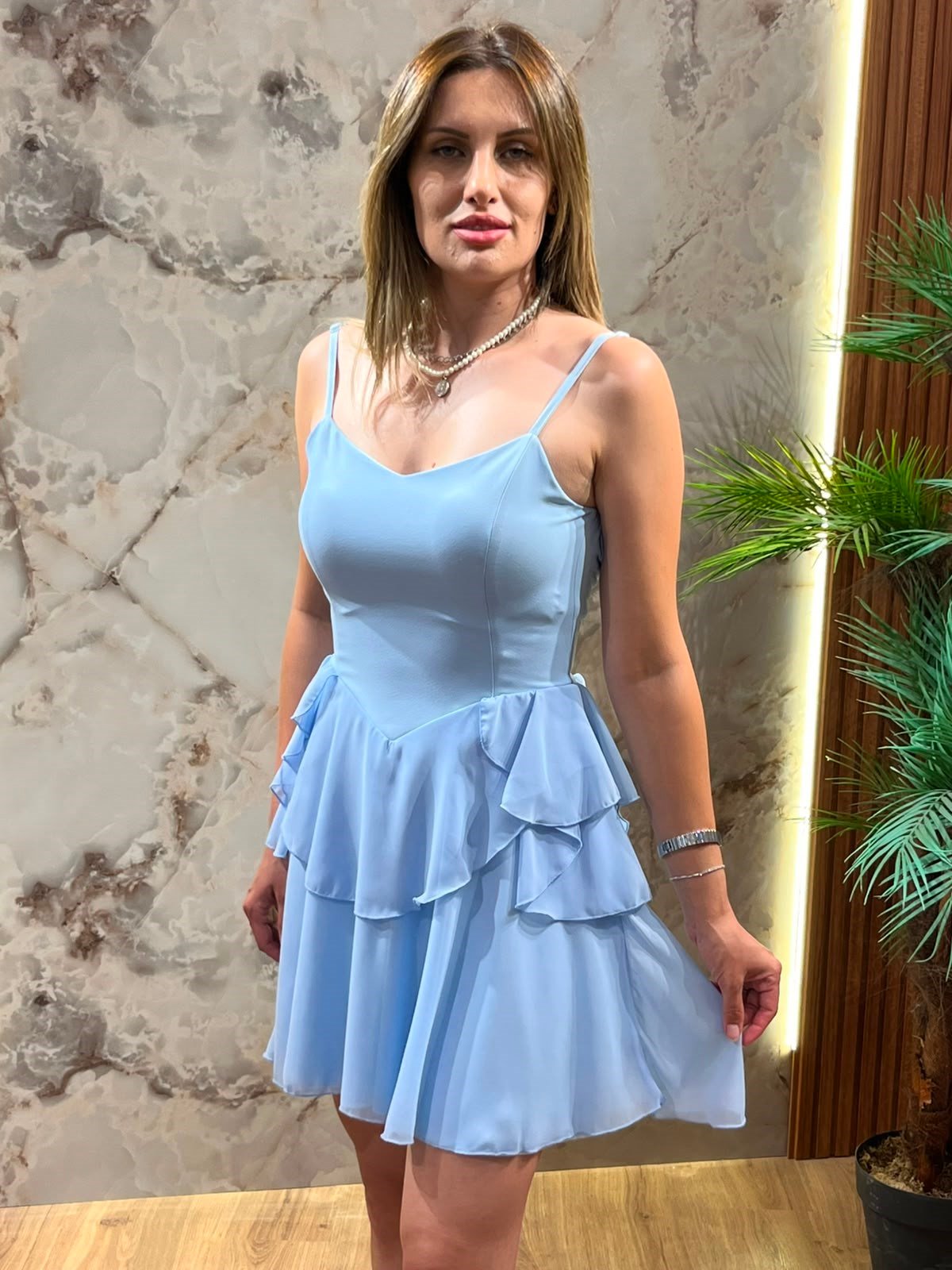 ASKILI TÜL DETAYLI MİNİ ELBİSE