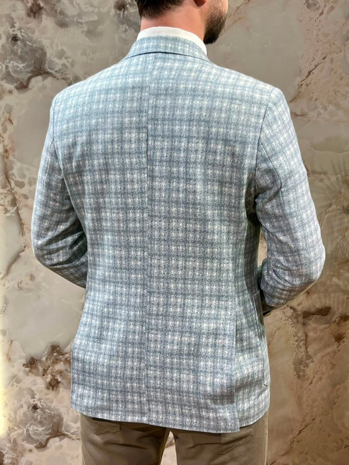 ERKEK AÇIK MAVİ EKOSE SLİM FİT BLAZER CEKET | TEK DÜĞMELİ KLASİK CEKET