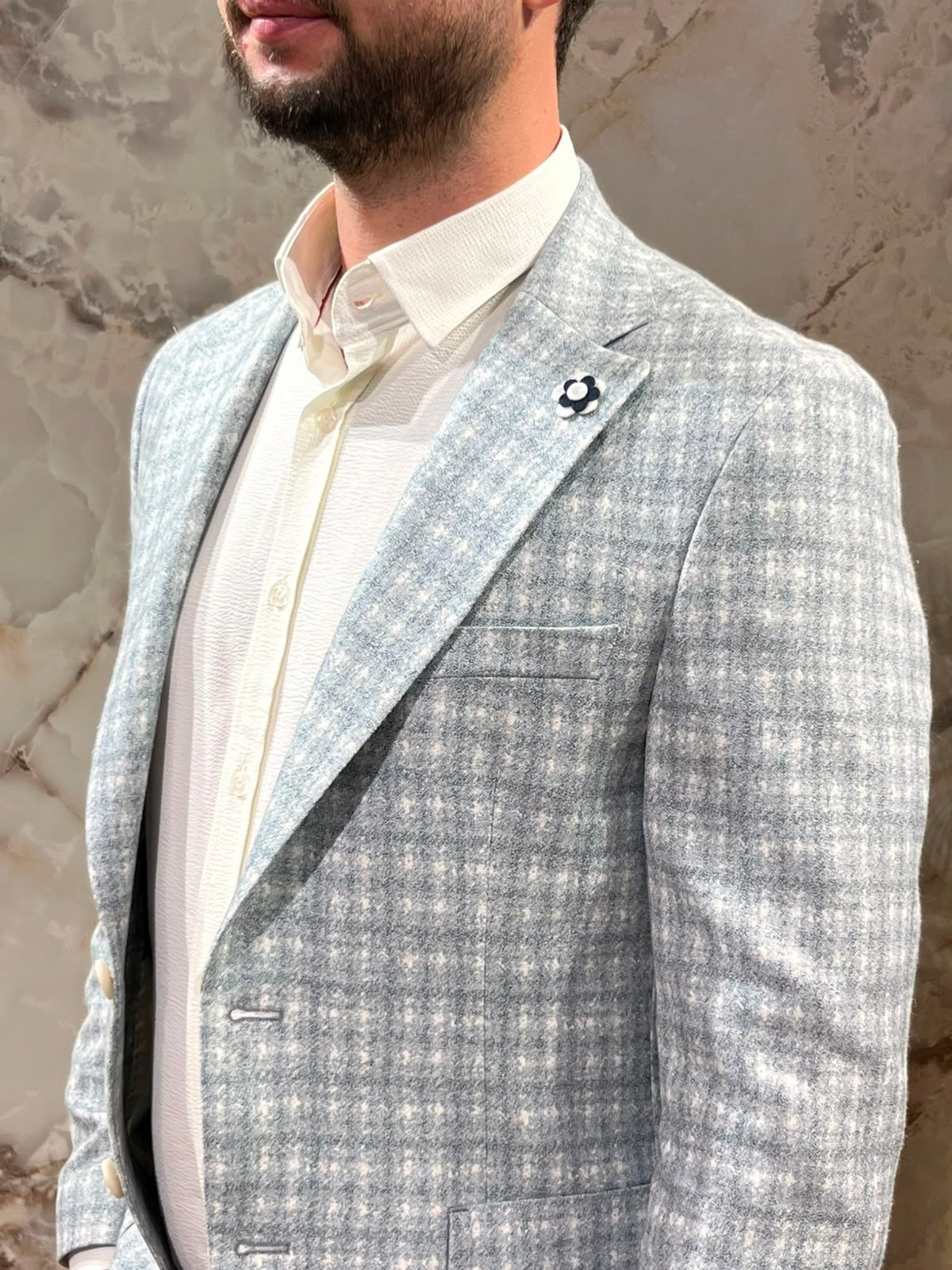 ERKEK AÇIK MAVİ EKOSE SLİM FİT BLAZER CEKET | TEK DÜĞMELİ KLASİK CEKET