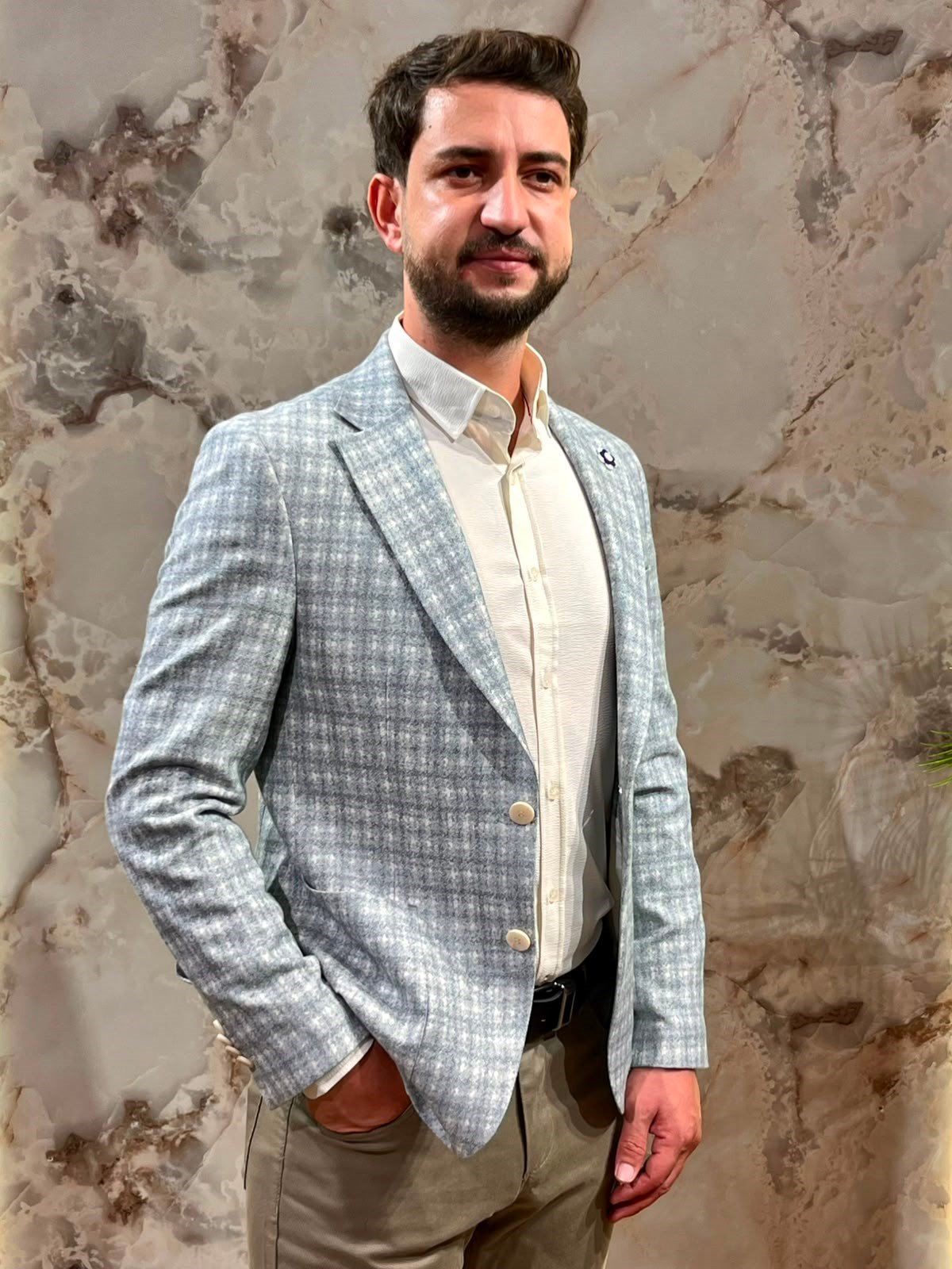 ERKEK AÇIK MAVİ EKOSE SLİM FİT BLAZER CEKET | TEK DÜĞMELİ KLASİK CEKET