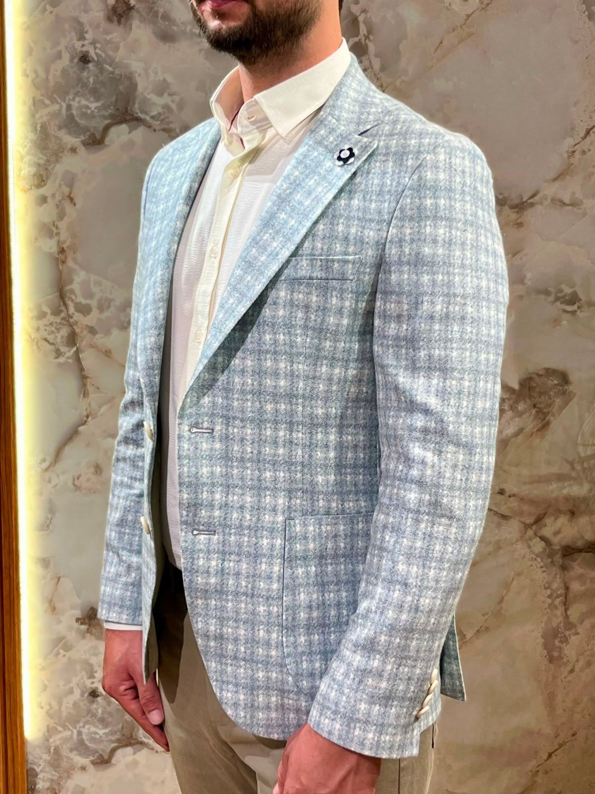 ERKEK AÇIK MAVİ EKOSE SLİM FİT BLAZER CEKET | TEK DÜĞMELİ KLASİK CEKET