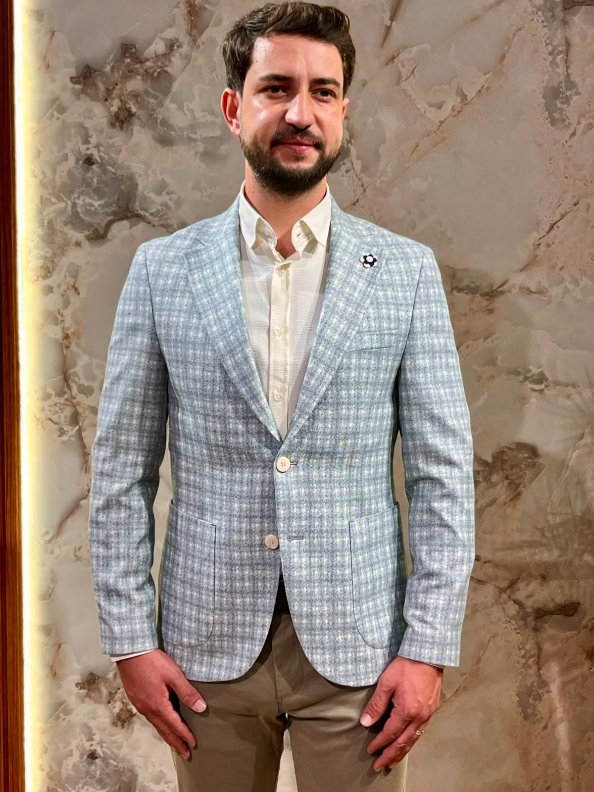 ERKEK AÇIK MAVİ EKOSE SLİM FİT BLAZER CEKET | TEK DÜĞMELİ KLASİK CEKET