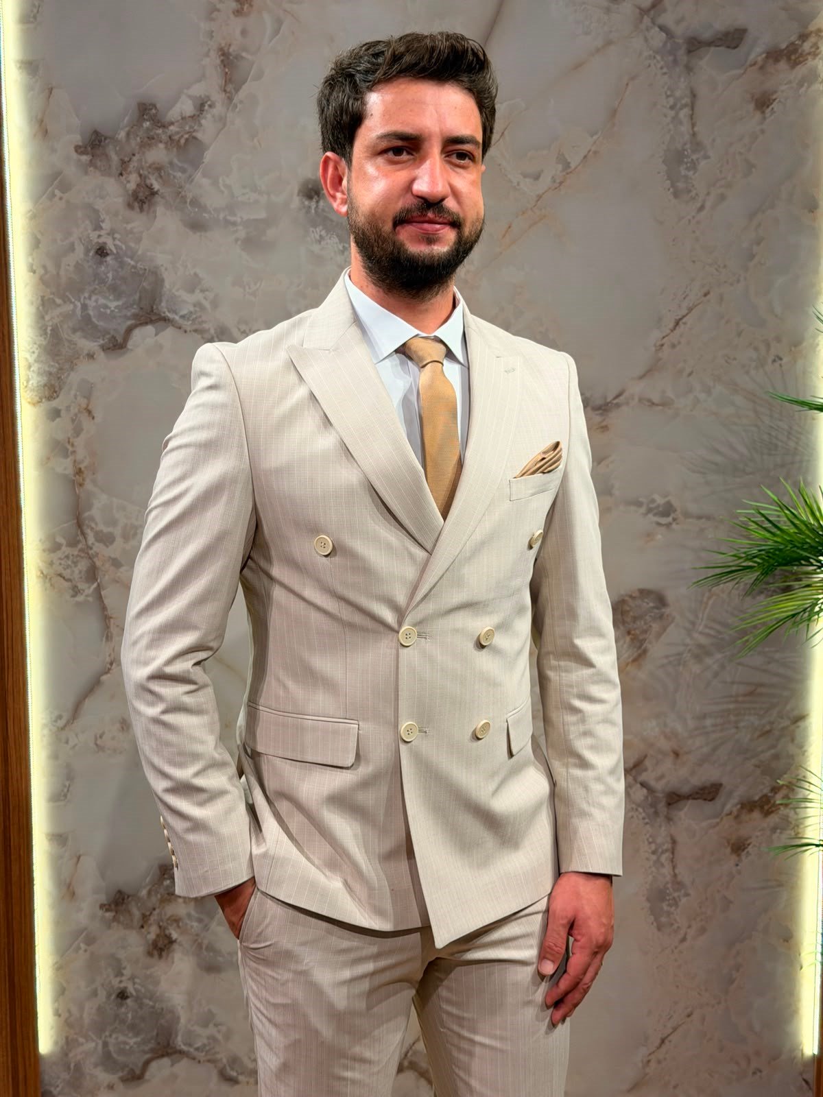 ERKEK BEJ KRUVAZE TAKIM ELBİSE SLİM FİT ÇİZGİLİ 