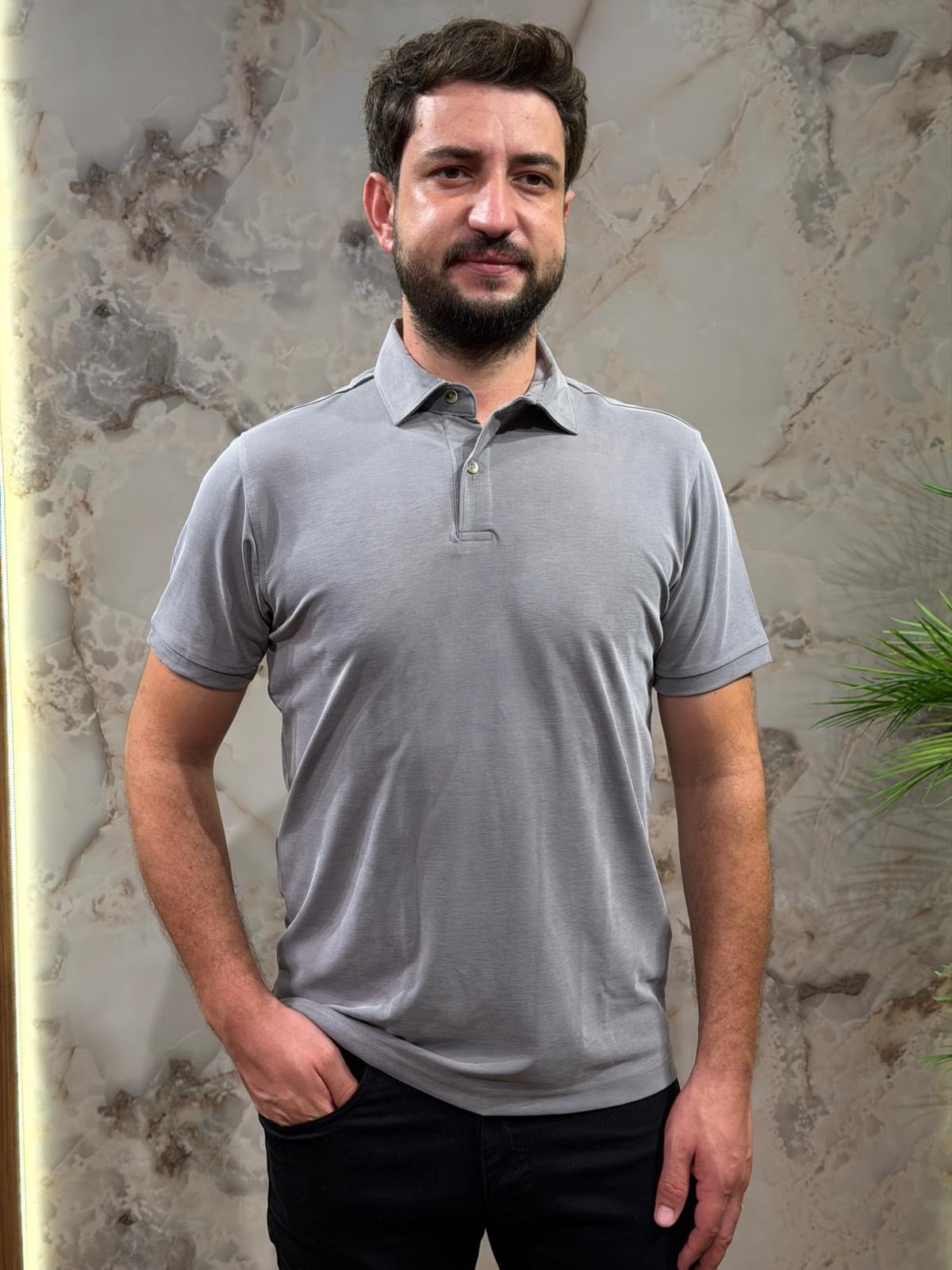 ERKEK GRİ SOLUK EFEKTLİ POLO YAKA TİŞÖRT