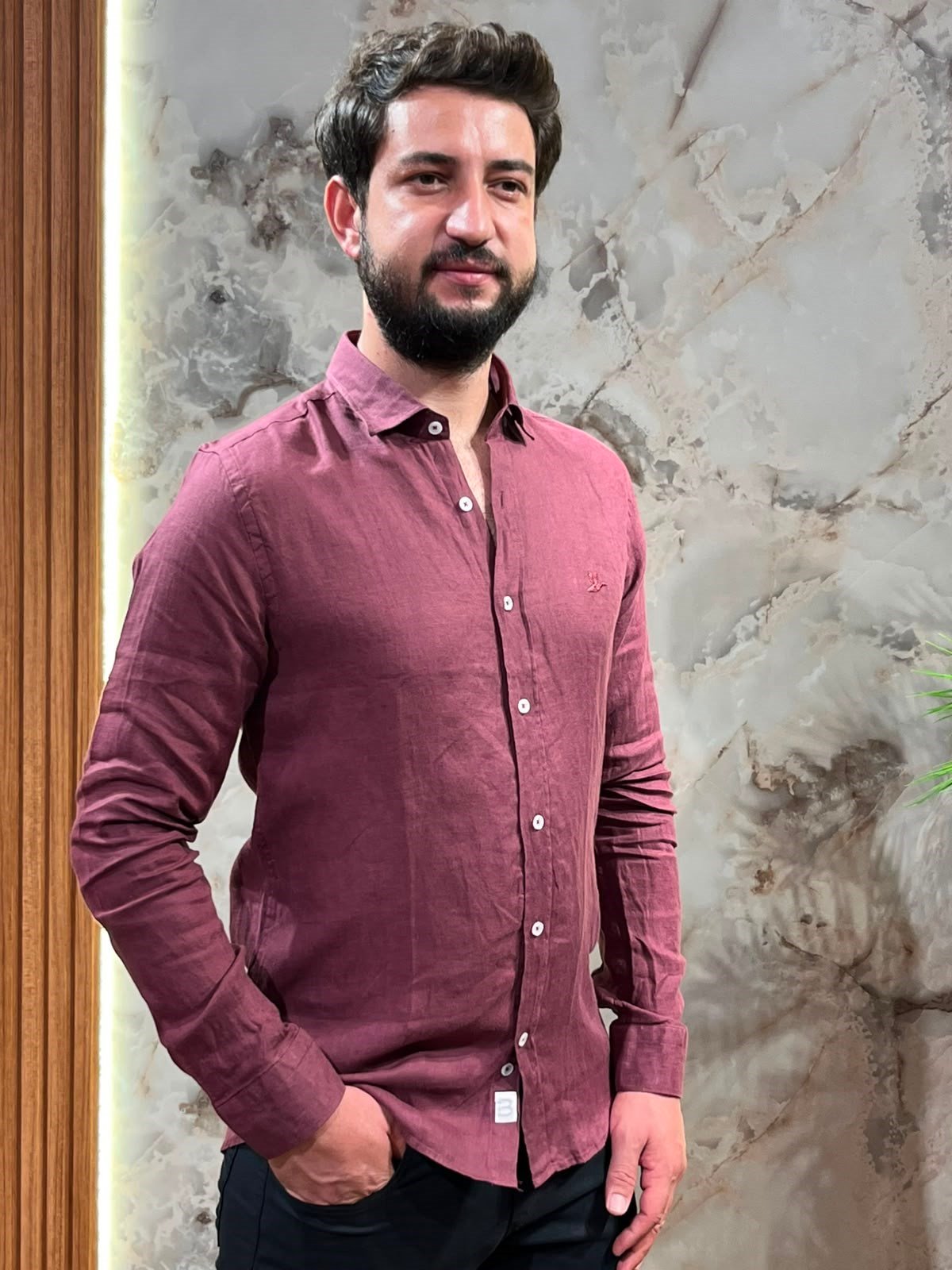 ERKEK HAM KETEN GÖMLEK BORDO SLİM FİT UZUN KOLLU YAZLIK GÖMLEK