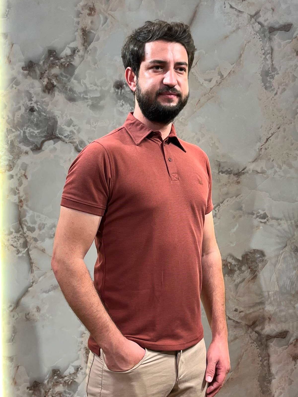 ERKEK KİREMİT POLO YAKA DOKULU TİŞÖRT 