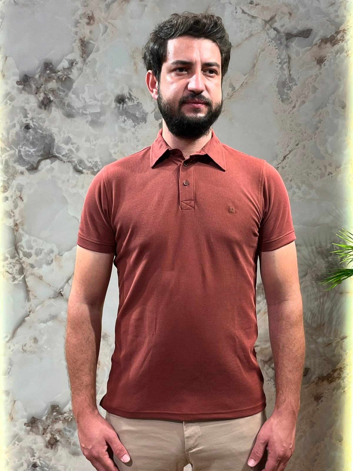 ERKEK KİREMİT POLO YAKA DOKULU TİŞÖRT 