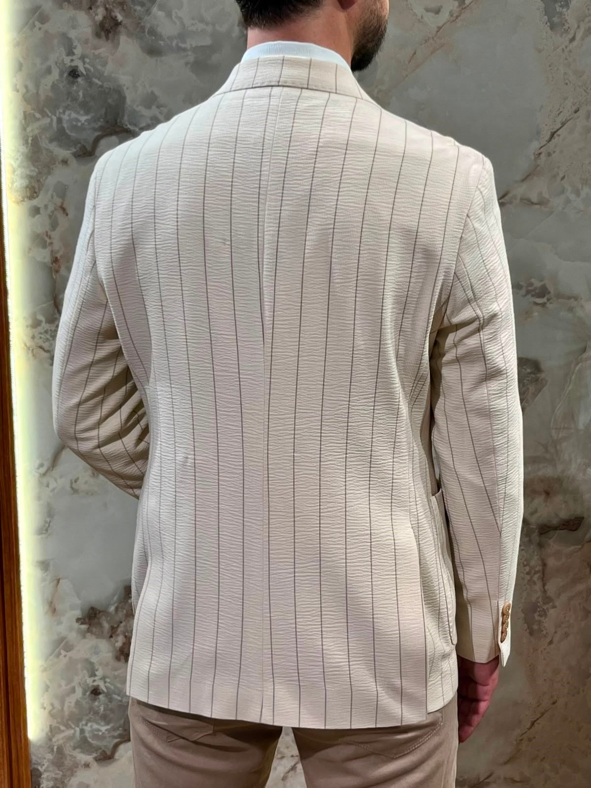 ERKEK KREM ÇİZGİLİ KRUVAZE BLAZER CEKET|SLİM FİT ÇİFT DÜĞMELİ PREMİUM CEKET