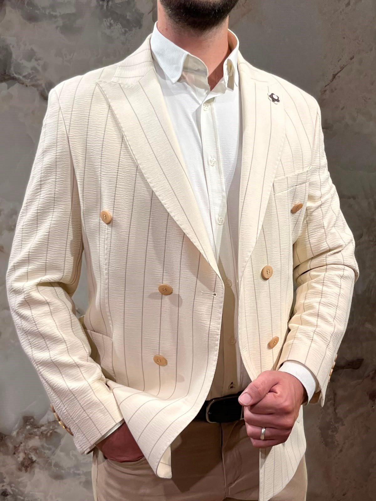 ERKEK KREM ÇİZGİLİ KRUVAZE BLAZER CEKET|SLİM FİT ÇİFT DÜĞMELİ PREMİUM CEKET