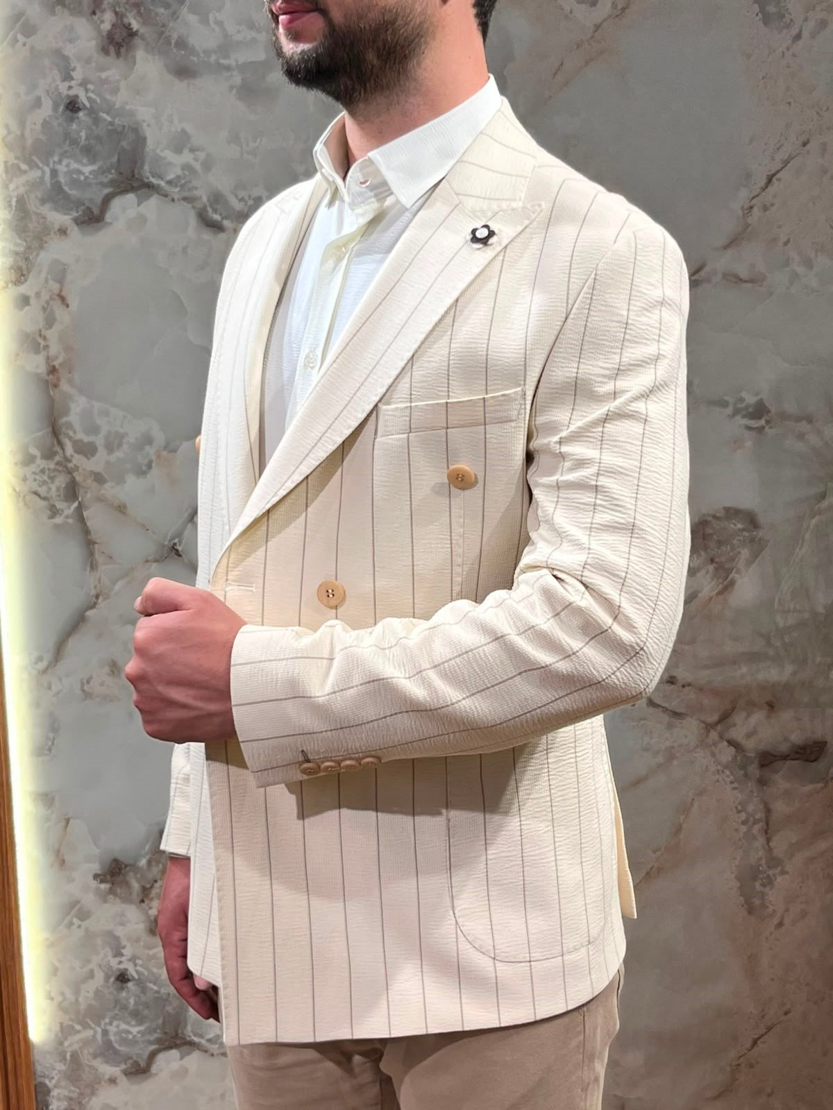 ERKEK KREM ÇİZGİLİ KRUVAZE BLAZER CEKET|SLİM FİT ÇİFT DÜĞMELİ PREMİUM CEKET