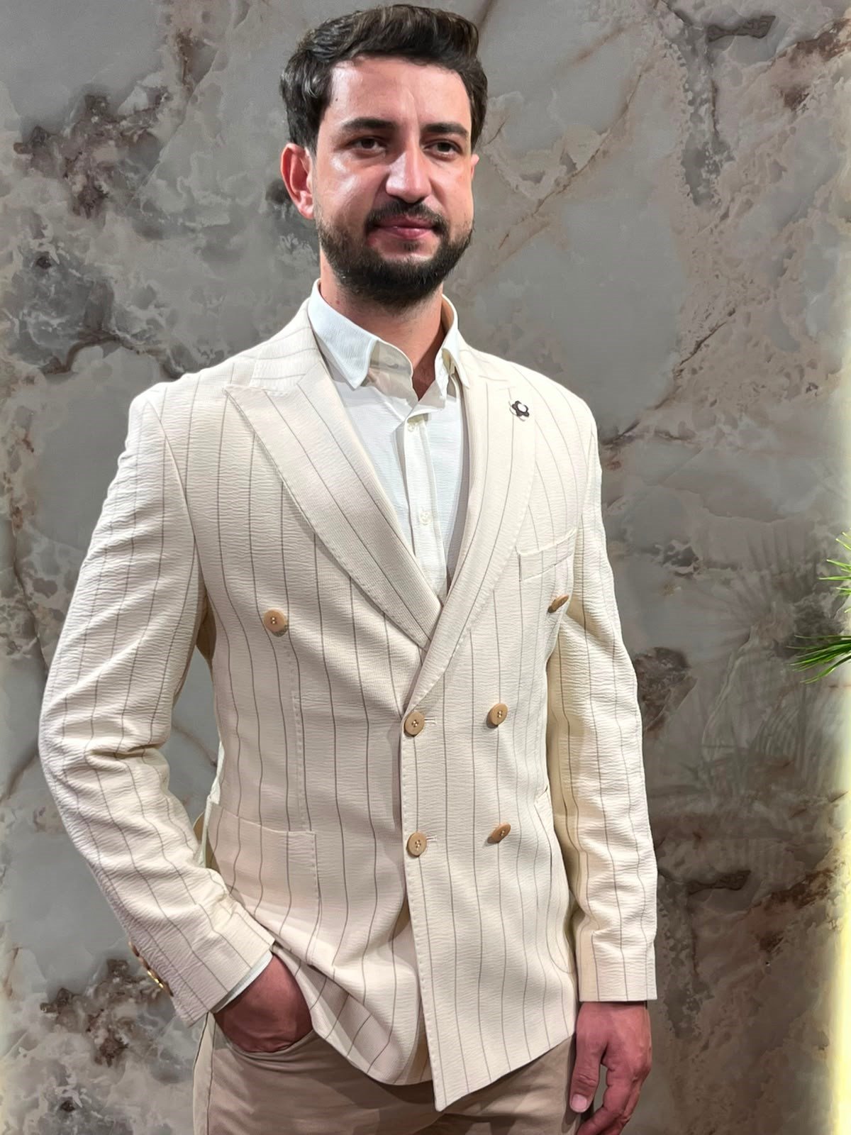 ERKEK KREM ÇİZGİLİ KRUVAZE BLAZER CEKET|SLİM FİT ÇİFT DÜĞMELİ PREMİUM CEKET