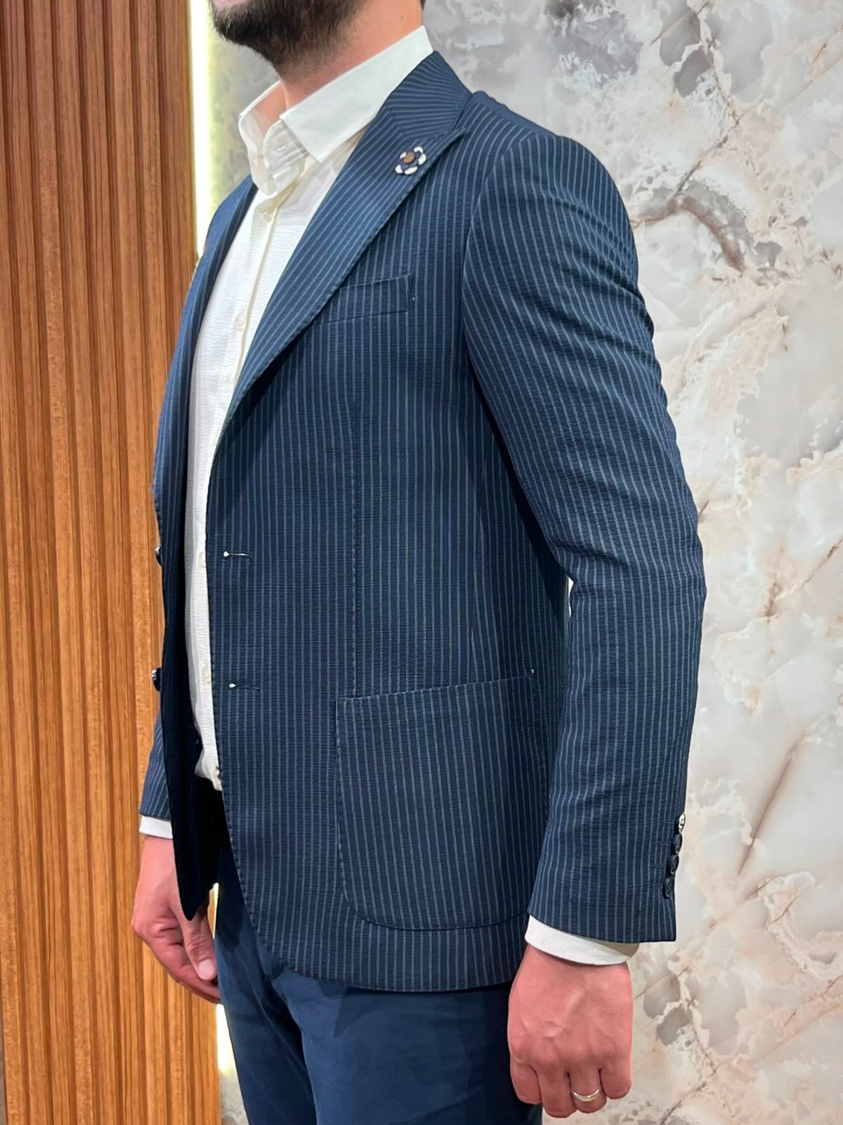 ERKEK LACİVERT ÇİZGİLİ BLAZER CEKET|SLİM FİT TEK DÜĞMELİ PREMİUM CEKET
